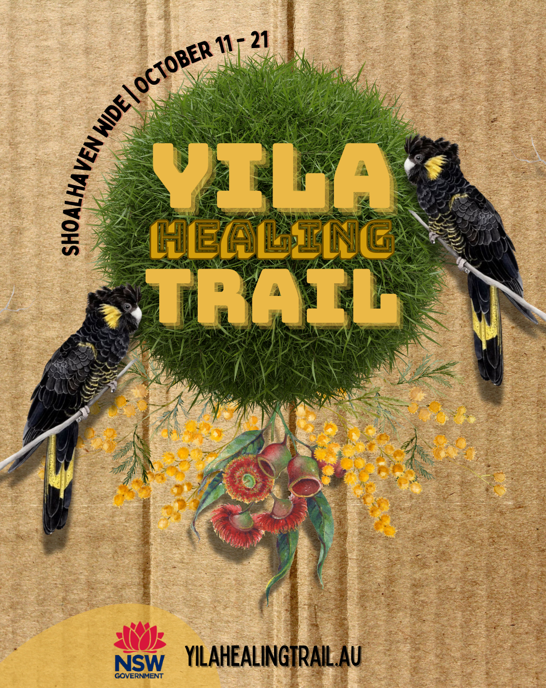 Yila Healing Trail event poster with cardboard texture, featuring two black cockatoos, festival name, and event dates of October 11-21 in Shoalhaven