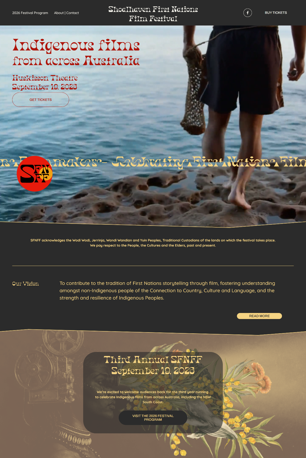 Shoalhaven First Nations Film Festival website designed by Rising Sun Media, featuring festival screenings, programs and First Nations storytelling.