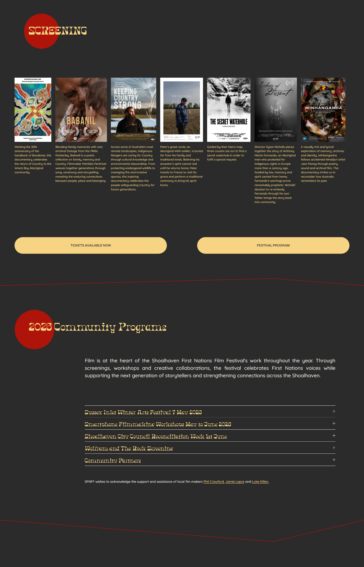 Festival landing section showcasing the current program, featured filmmakers and ticket access within the evolving SFNFF visual identity.