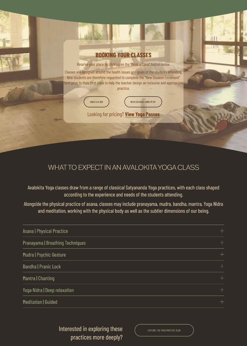 Avalokita Yoga website showing class details and pathways for students to book and attend classes
