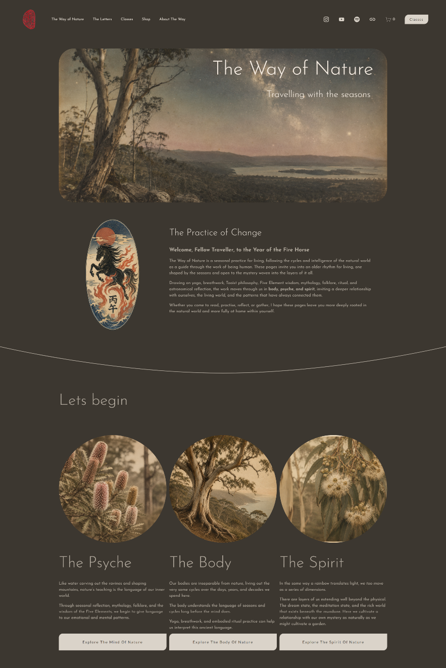 The Way of Nature homepage, part of a large Squarespace website restoration combining seasonal yoga, nature-based spirituality, writing and online learning.