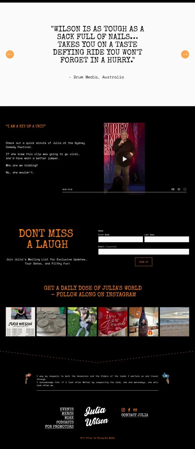 Homepage section combining tour promotion, audience engagement and clear calls to action within a bold entertainment website.