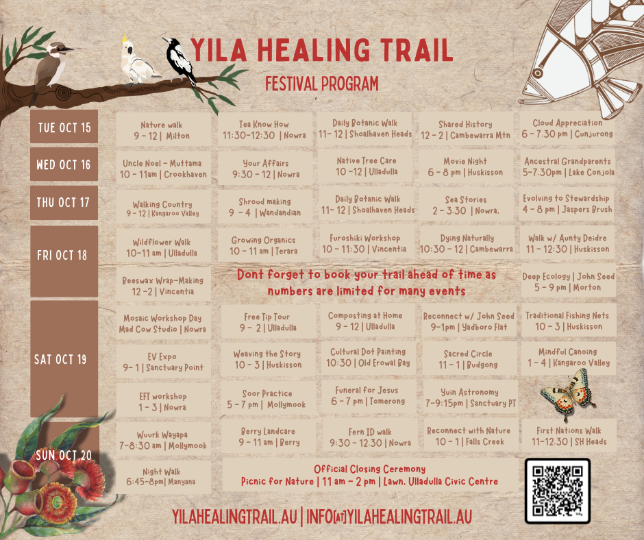 Festival program designed for Yila Healing Trail featuring the final festival schedule, workshops, talks, community events and custom illustrated branding.