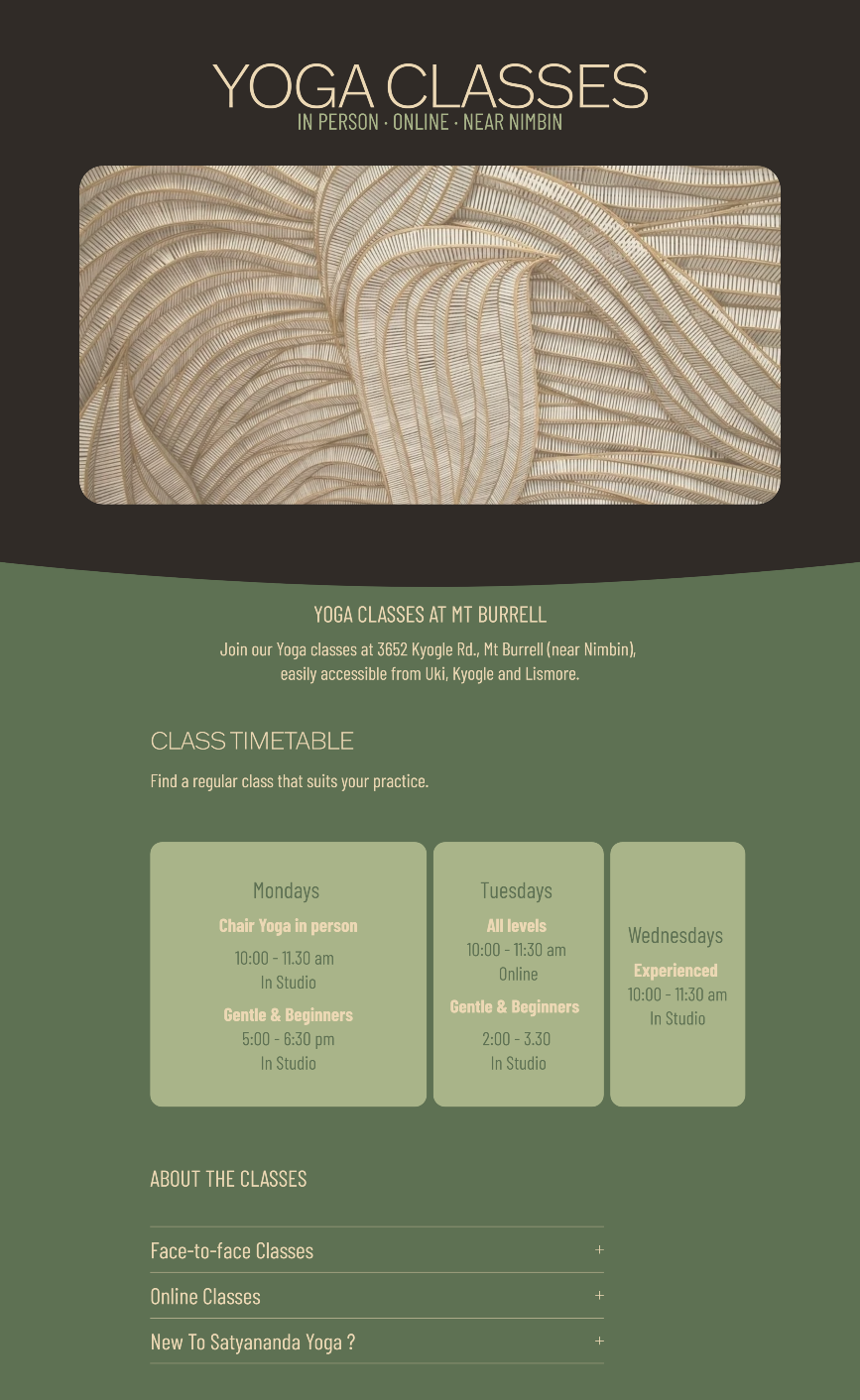 Avalokita Yoga classes page showing class information and weekly yoga offerings