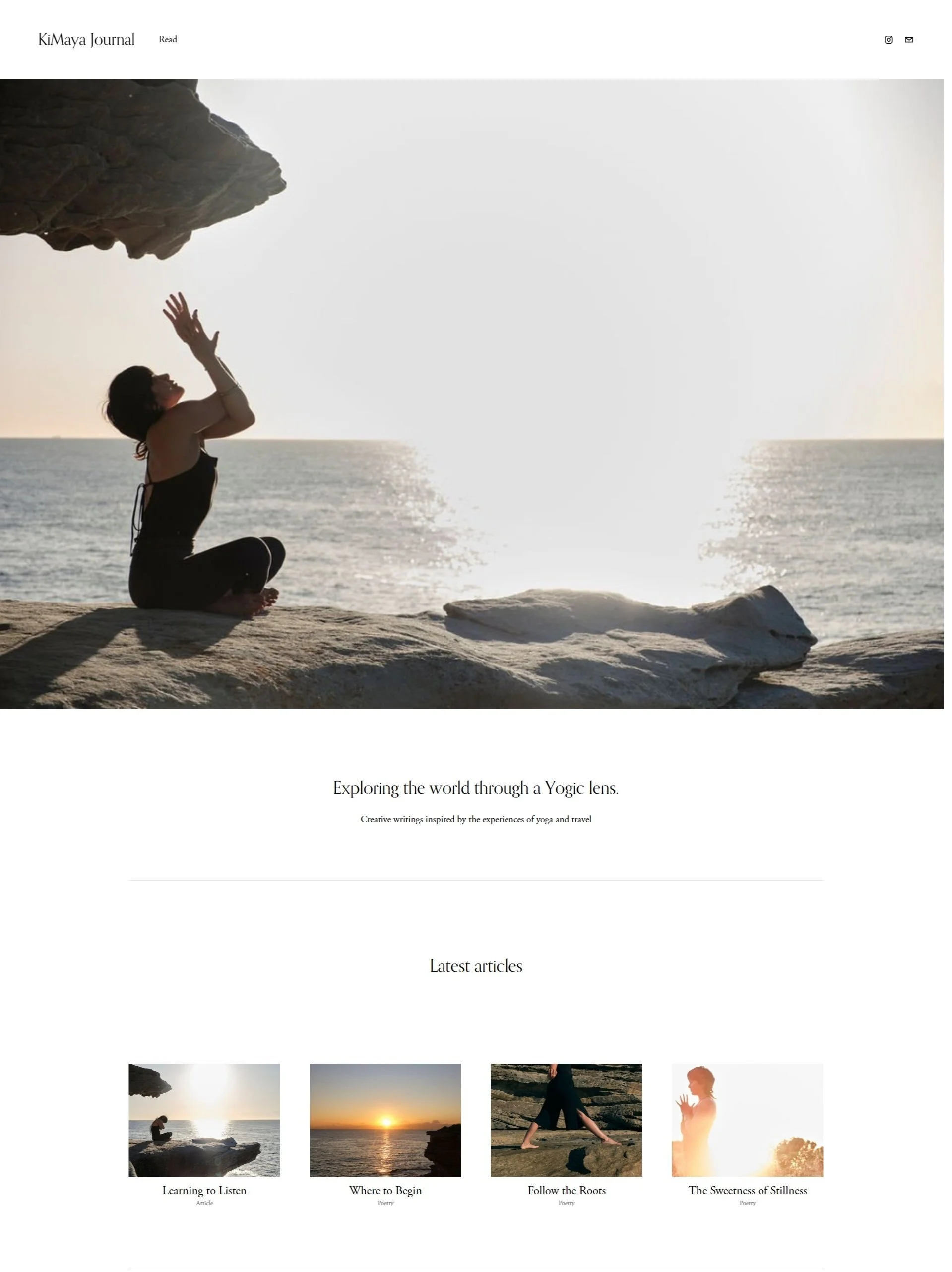 Homepage of the Ki Maya Journal website showcasing a minimalist editorial layout designed for travel writing, photography and long-form storytelling.