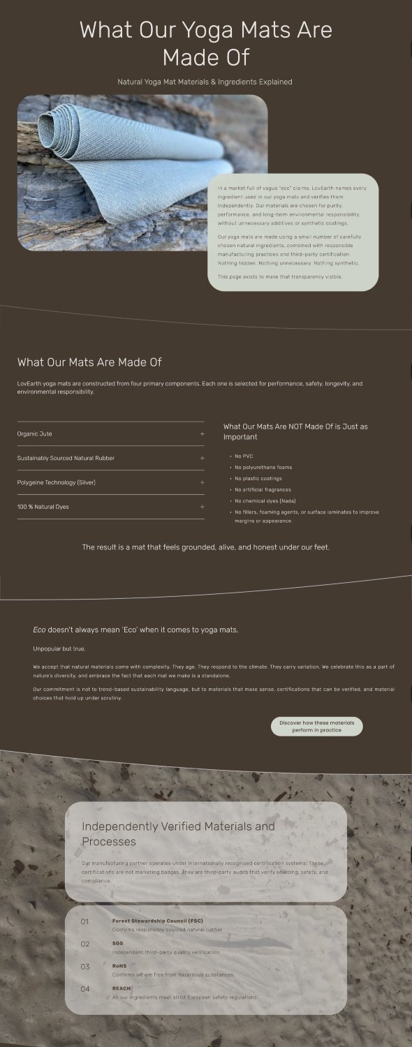 Educational page explaining the natural materials used in LovEarth yoga mats, highlighting sustainability, compostability and environmentally responsible manufacturing.