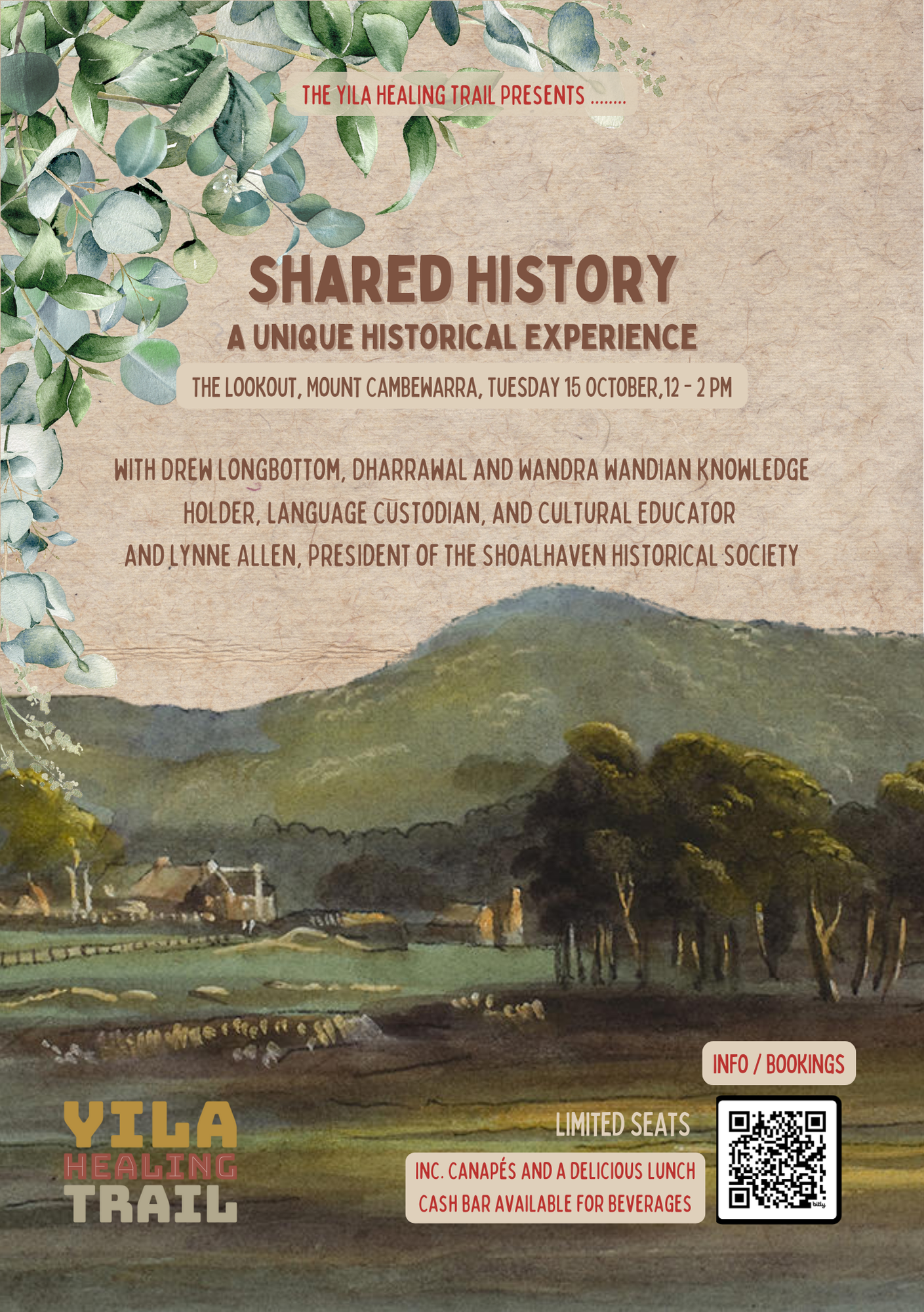 Poster for Yila Healing Trail's 'Shared History' event, featuring eucalyptus leaves, rustic background, and historical landscape artwork with event details for October 15 at Mount Cambewarra