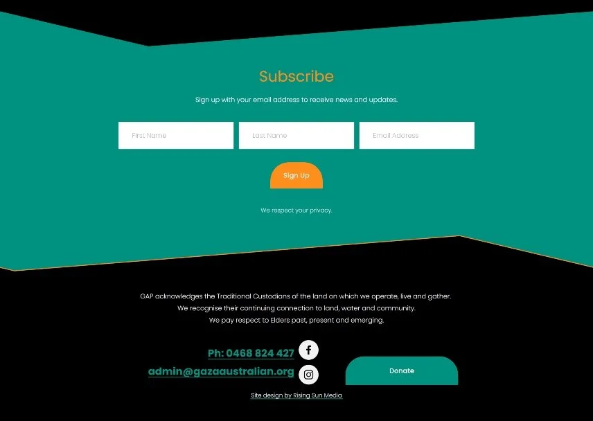 Newsletter and contact section encouraging community engagement, donations and ongoing communication through simple calls to action.