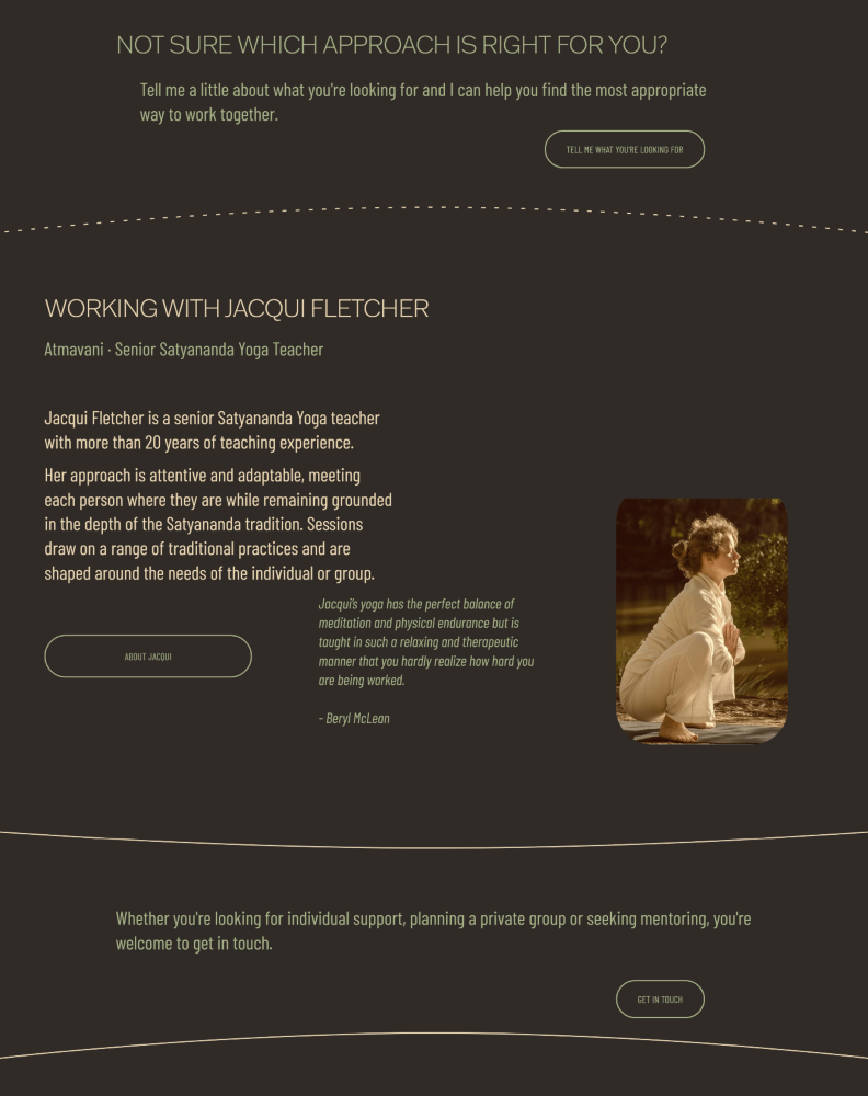 About page sharing the studio's philosophy and the teacher's background through spacious typography and warm, approachable design.