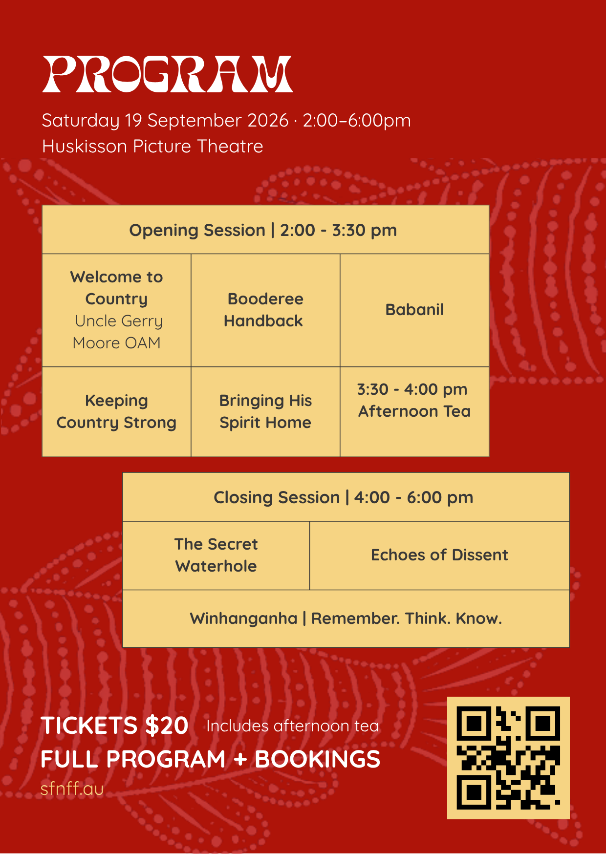 Festival schedule designed to make screening sessions, films, ticket information and QR-linked bookings easy to navigate at a glance.