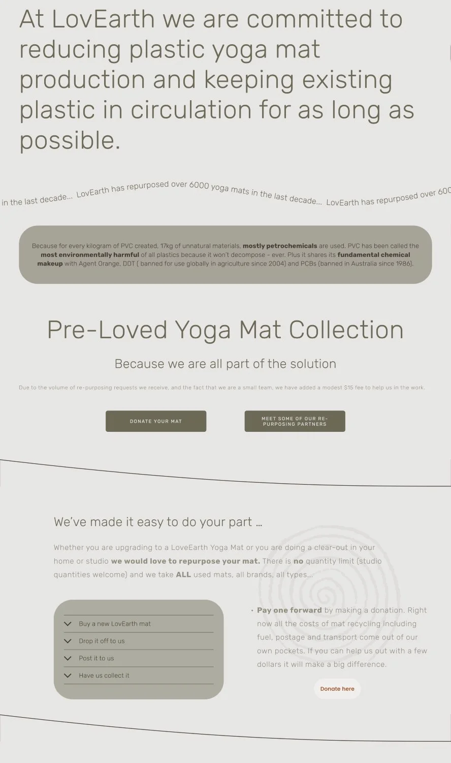Collection page showcasing preloved yoga mats as part of LovEarth's circular economy and product repurposing programme.