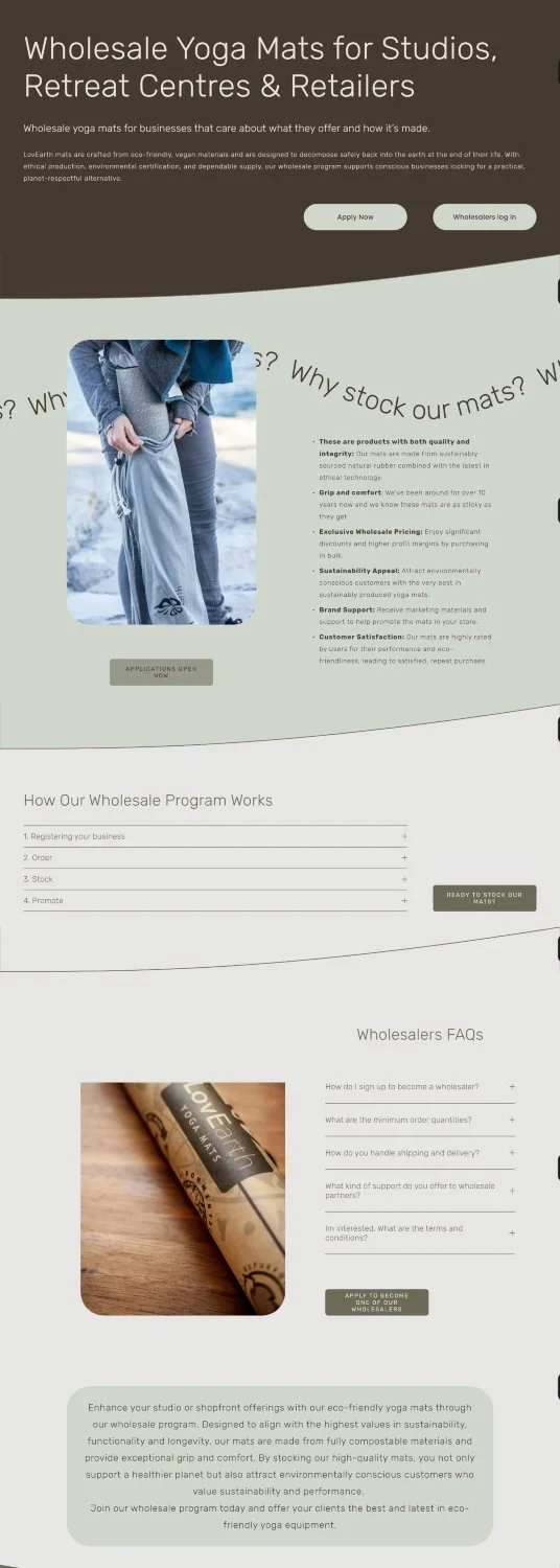 Wholesale information page outlining partnership opportunities, product information and ordering options for retailers and studios.