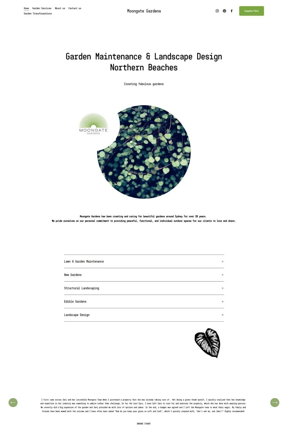 Homepage of the Moongate Gardens Squarespace website rebuild featuring elegant typography, nature-inspired branding and photography-led navigation for a landscape design studio.