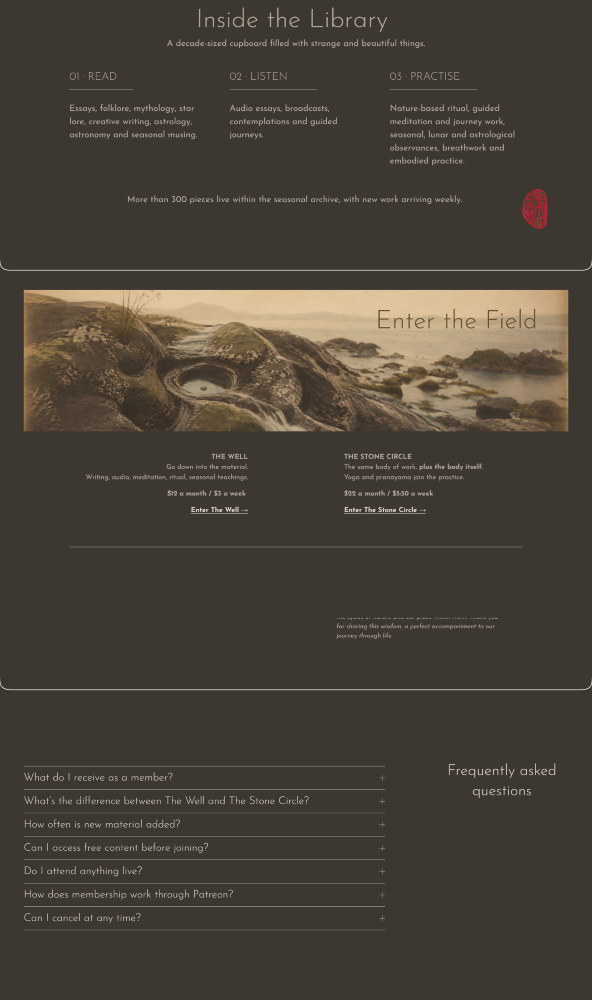 Individual content pathways combine writing, seasonal practice and guided resources while maintaining the visual language of the wider site.