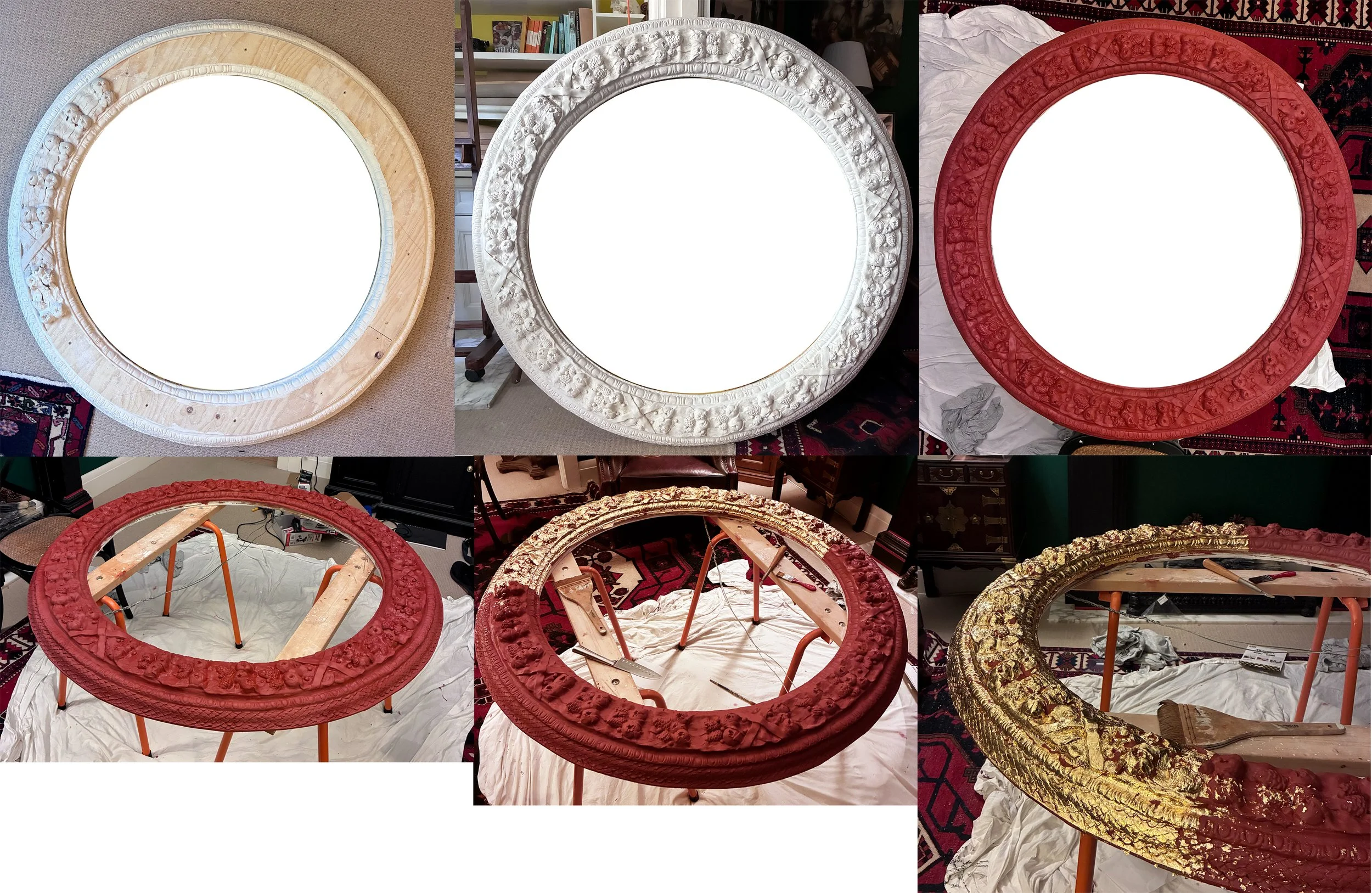  The frame took about 3 months to construct. It has a laminated wooden core. Its details were shaped by hand as well as by silicone moulds with a durable paper-based clay which naturally adhered to the wood fibres. The frame was sealed and then coate