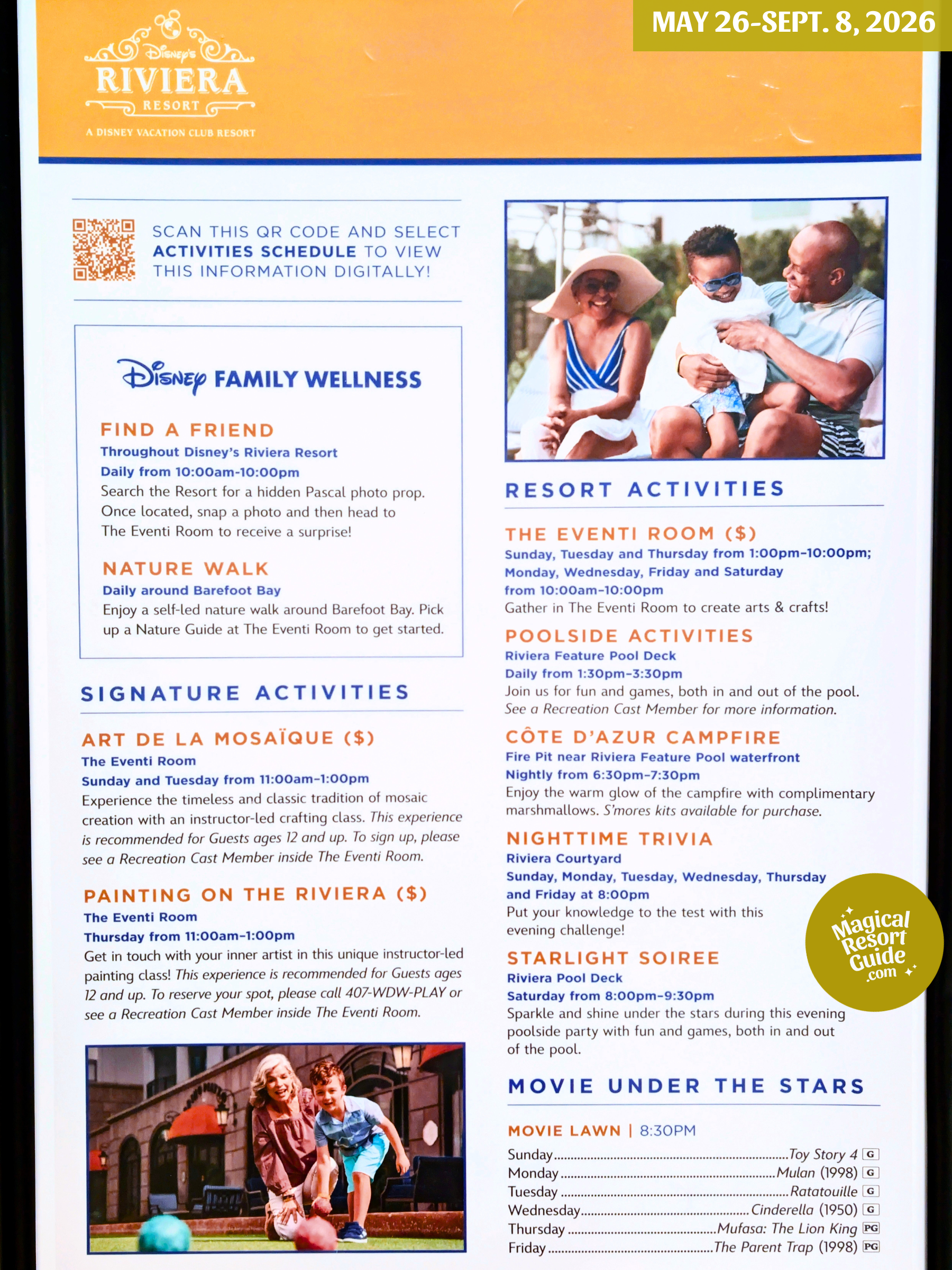 Disney's Riviera Resort Activity Calendar Recreation Schedule Activities May June July August September 2026
