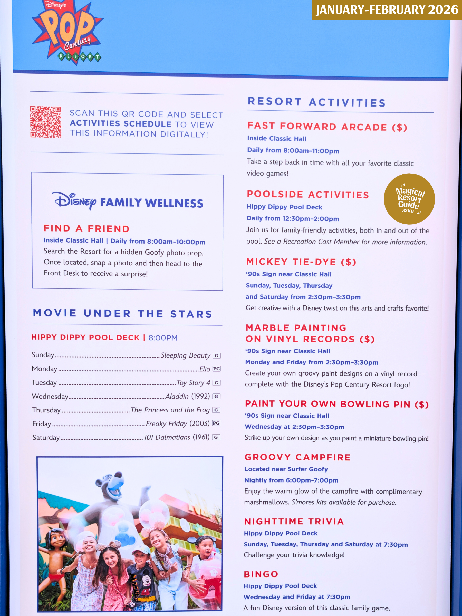 Disney's Pop Century Resort Activity Calendar Recreation Schedule January February 2026