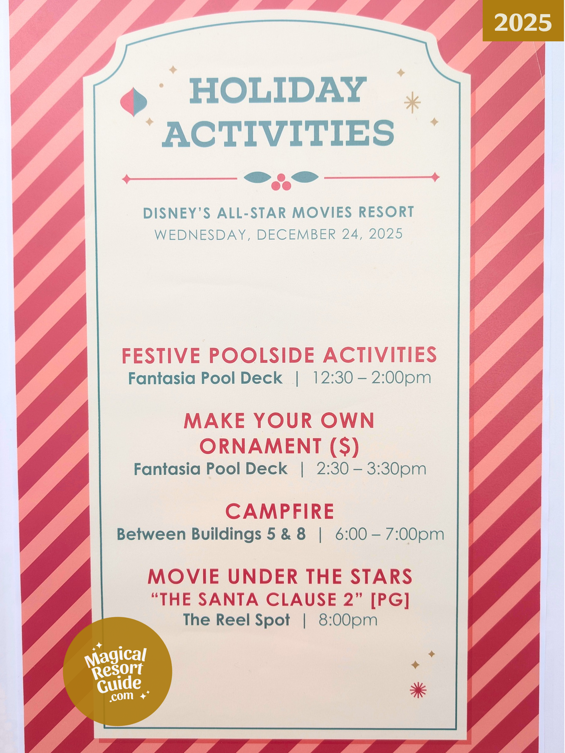 Disney's All-Star Movies Resort Christmas Holiday Activities Activity Calendar 2025