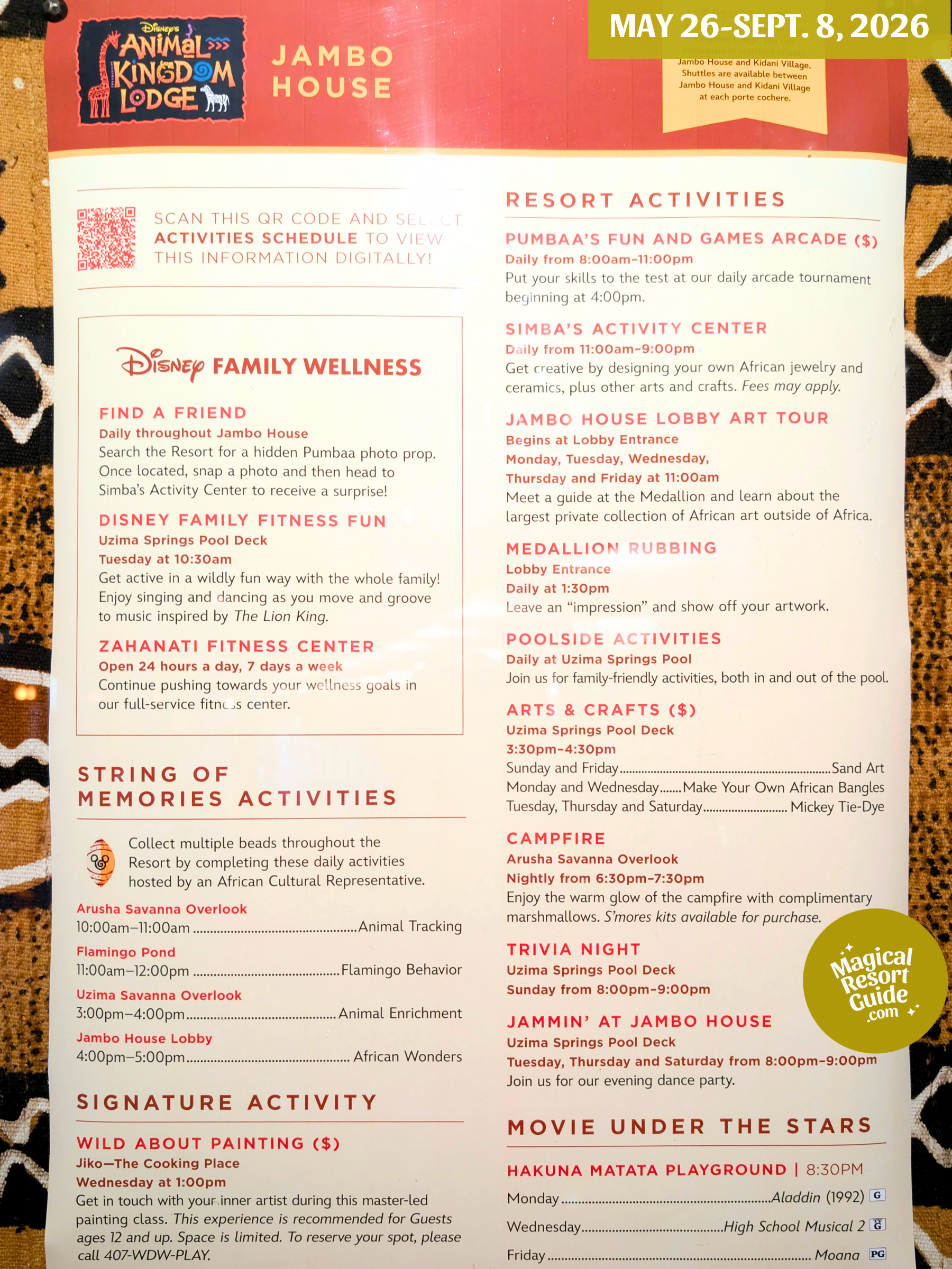Disney Animal Kingdom Lodge Jambo House Resort Activity Calendar Recreation Activities May June July August September 2026