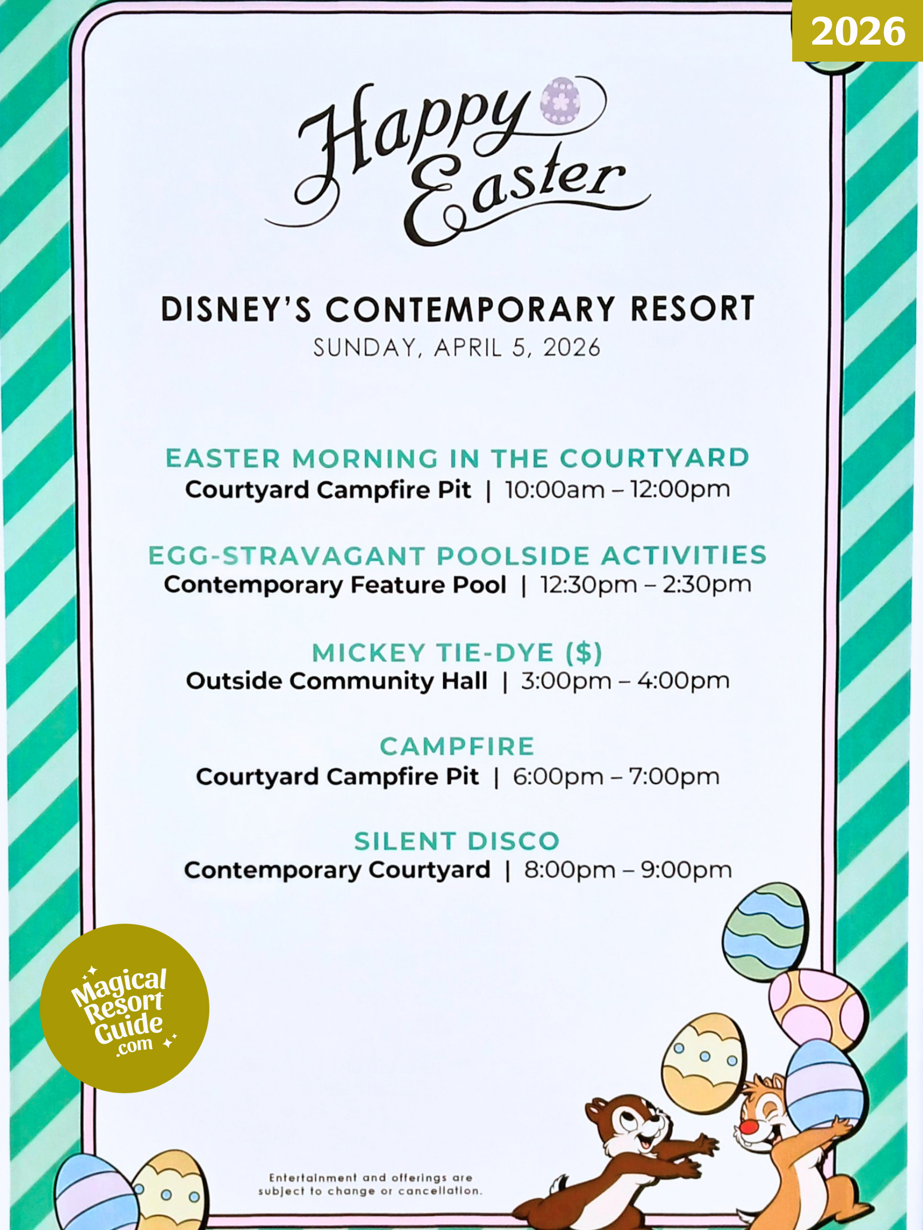 Disney's Contemporary Resort Holiday Activities Activity Calendar Easter 2026