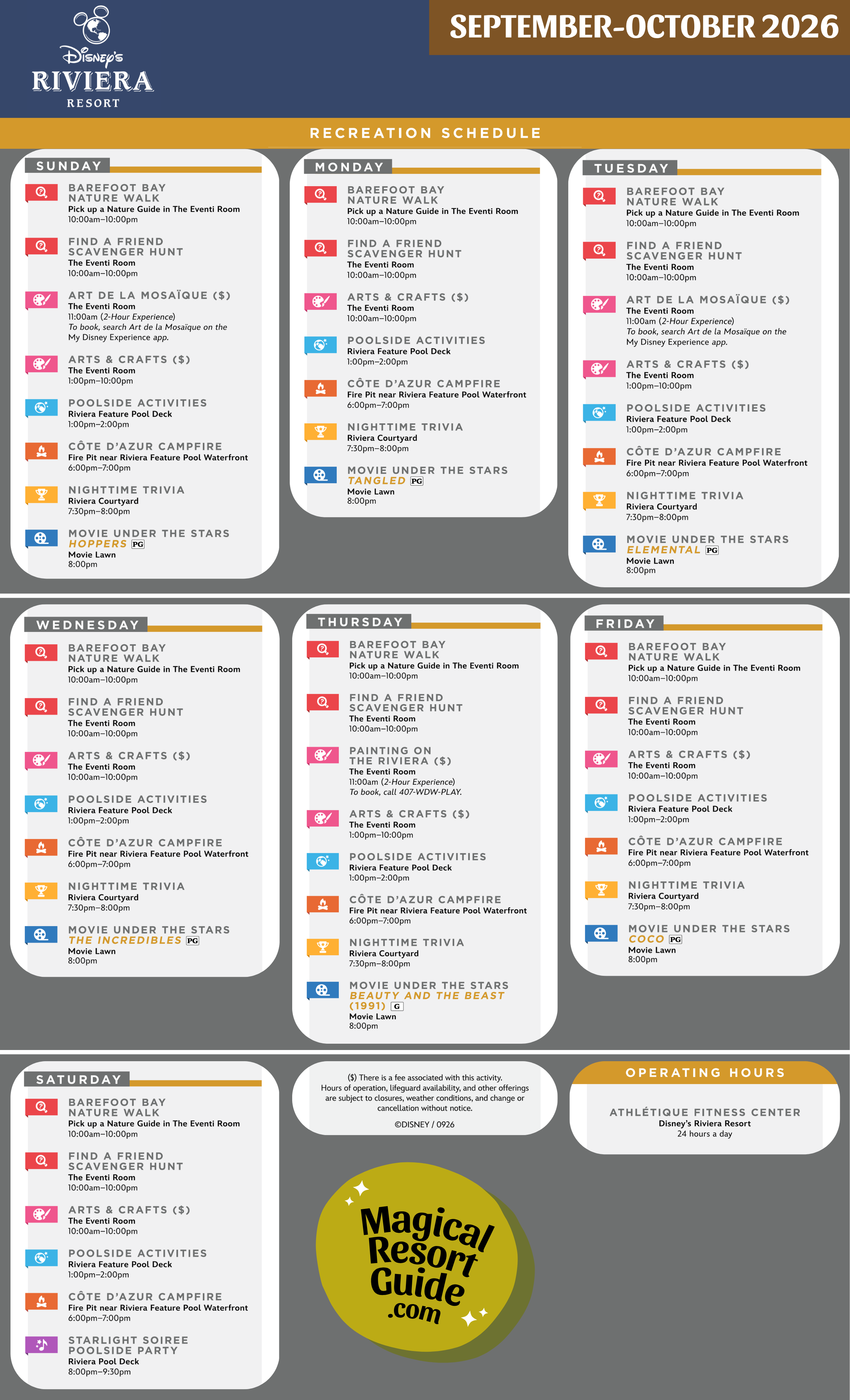 Disney's Riviera Resort Activity Calendar Recreation Schedule Activities September October 2026