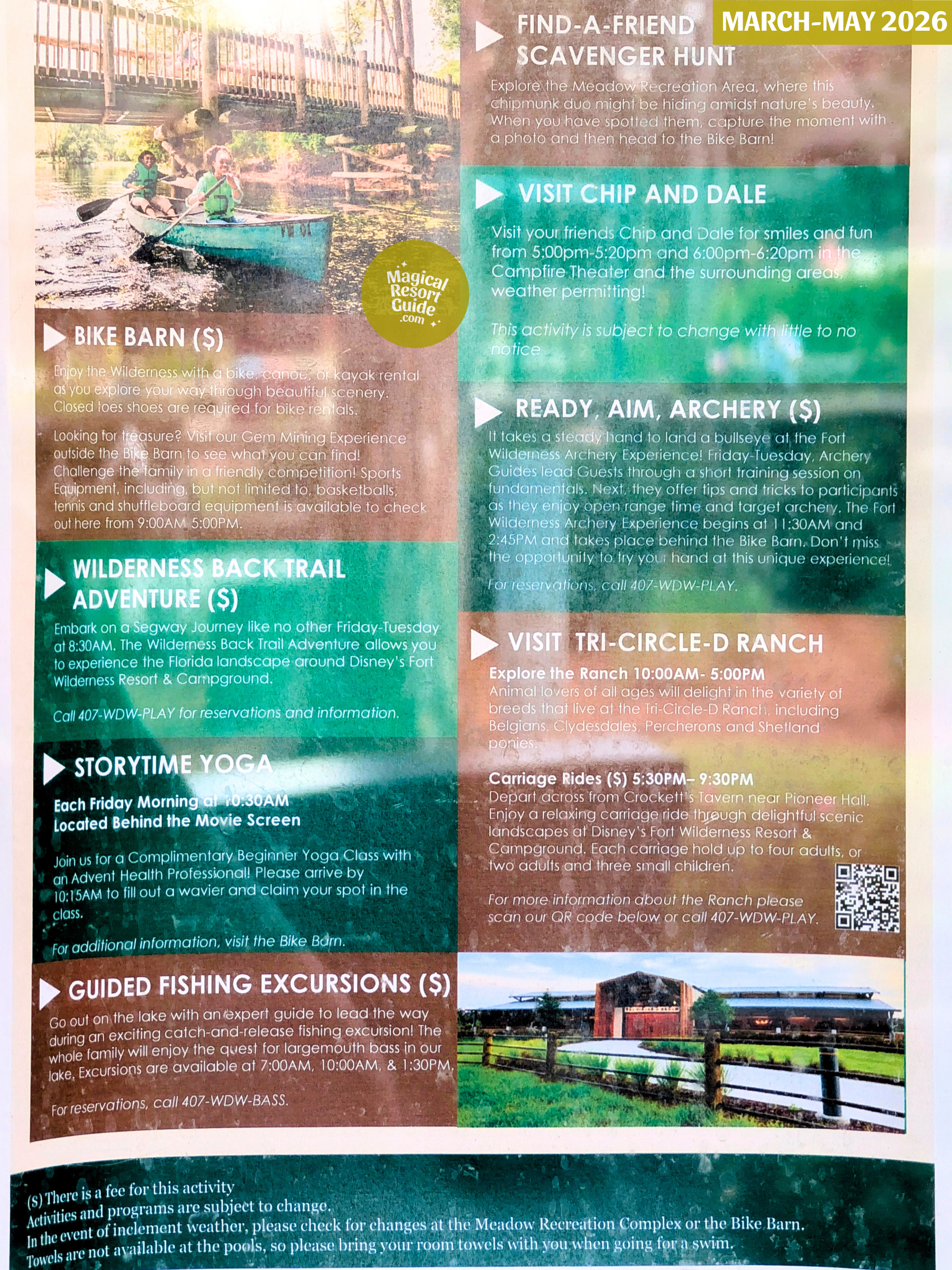 Disney's Fort Wilderness Resort Campground Activity Calendar Activities Schedule Recreation Movie March April May 2026