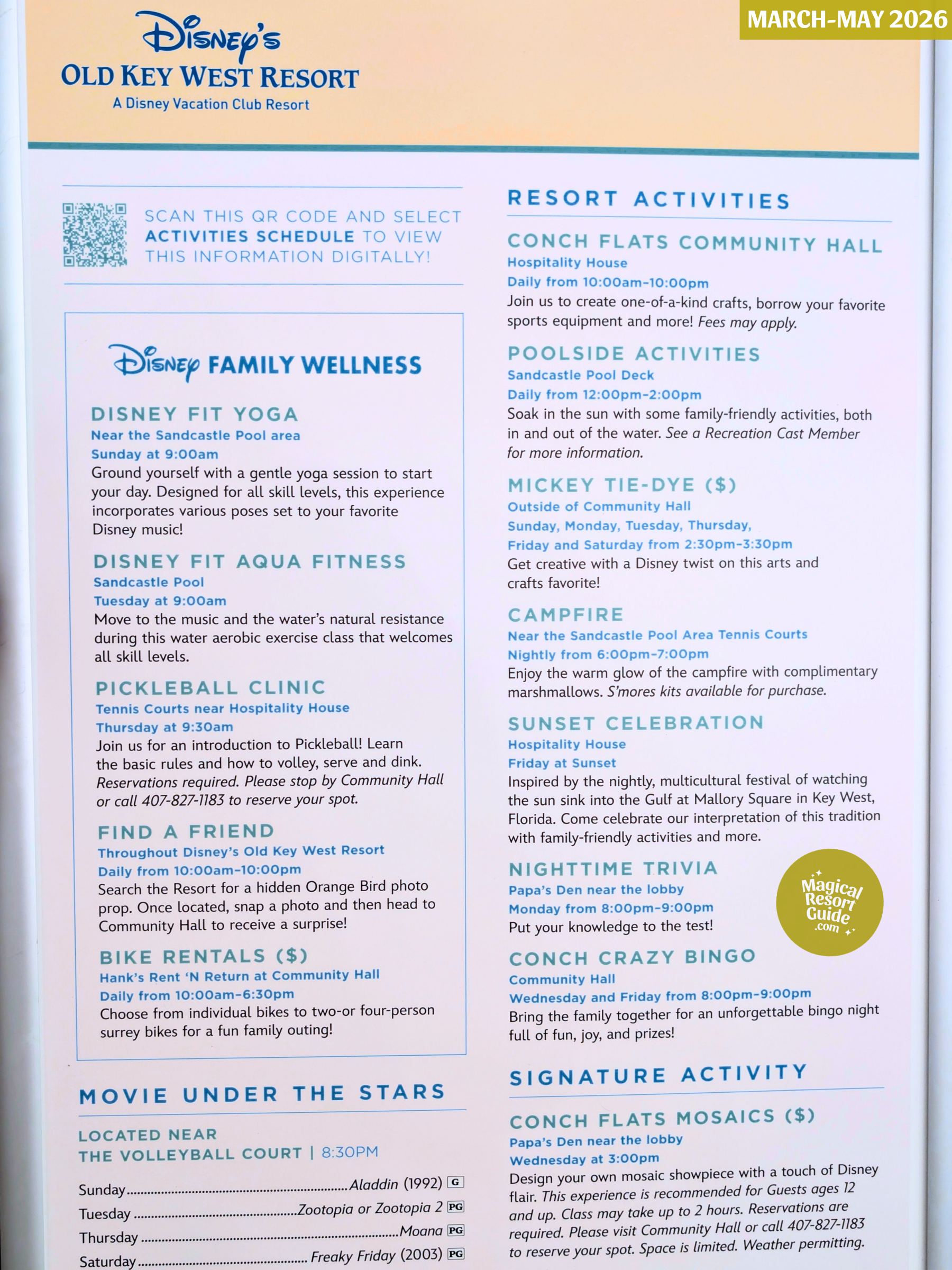 Disney's Old Key West Resort Activity Calendar Recreation Activities March April May 2026