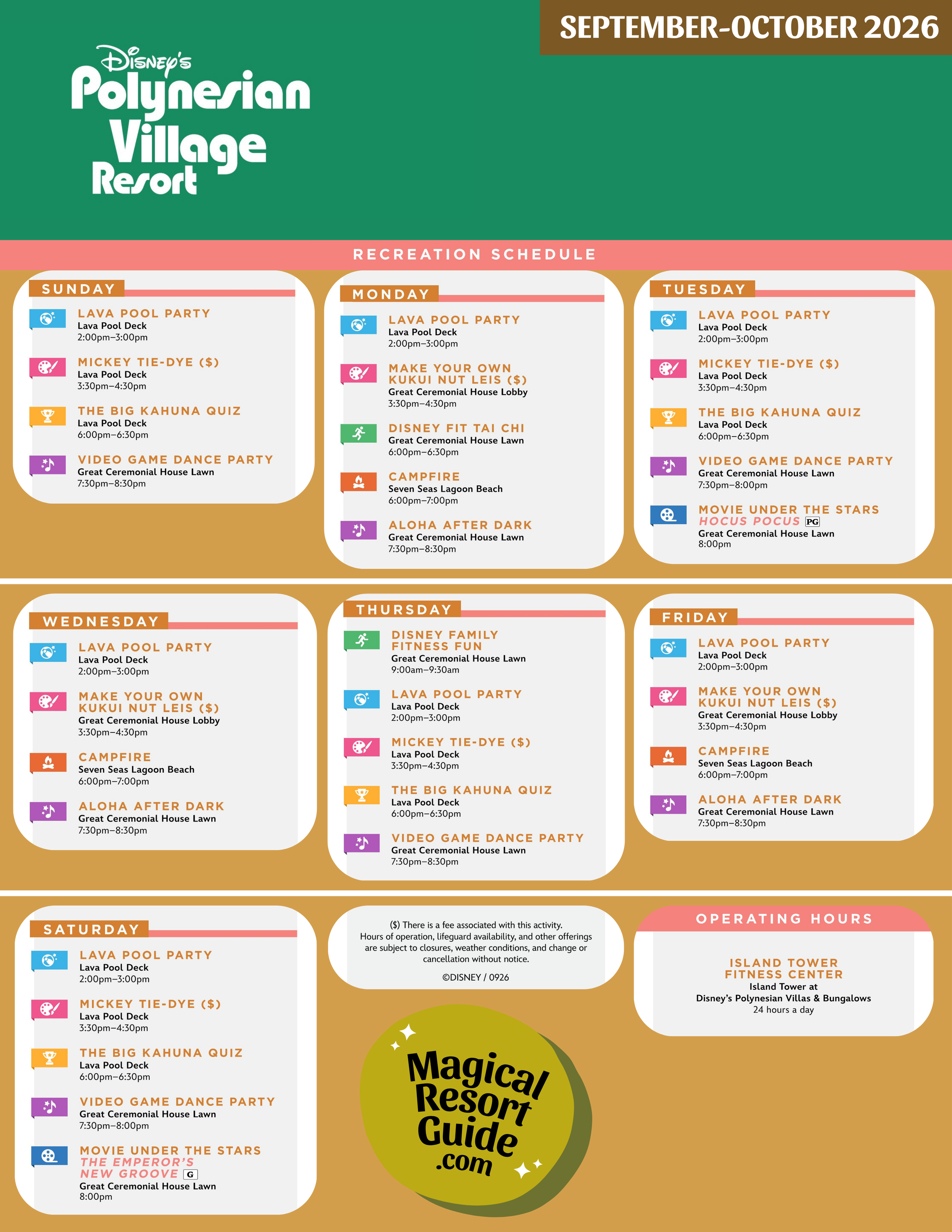 Disney's Polynesian Village Resort Activity Calendar Recreation Schedule September October 2026