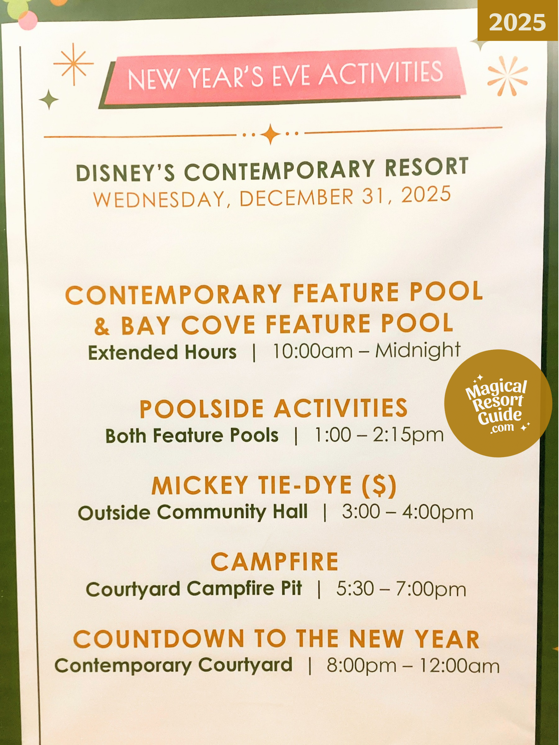 Disney's Contemporary Resort Holiday Activities Activity Calendar New Year's Eve NYE 2025