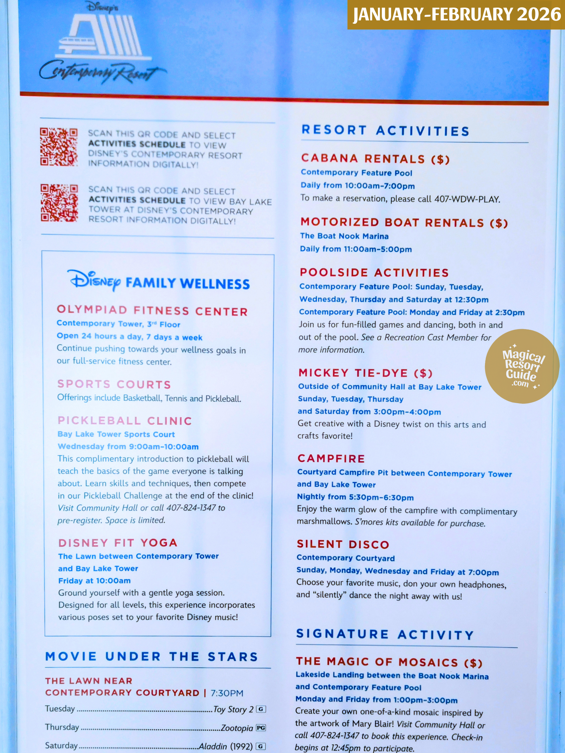 Disney's Contemporary Resort Activity Calendar Recreation Activities January February 2026