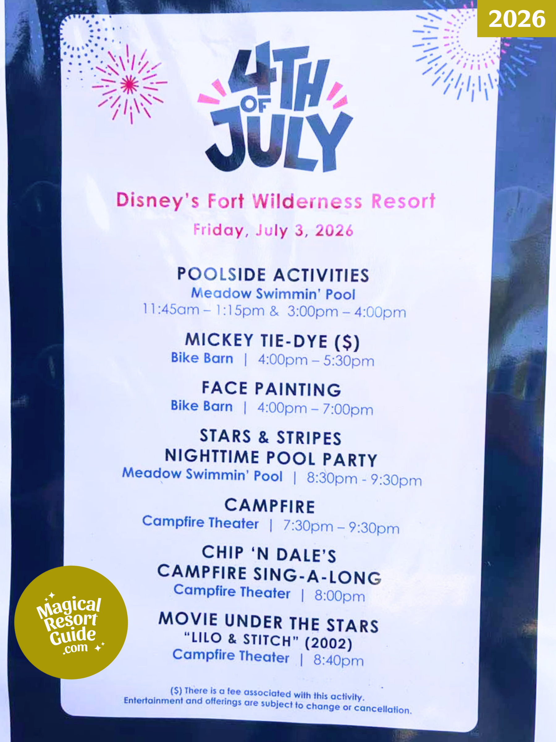 Disney's Fort Wilderness Resort Holiday Activities Activity Calendar July 4 2026