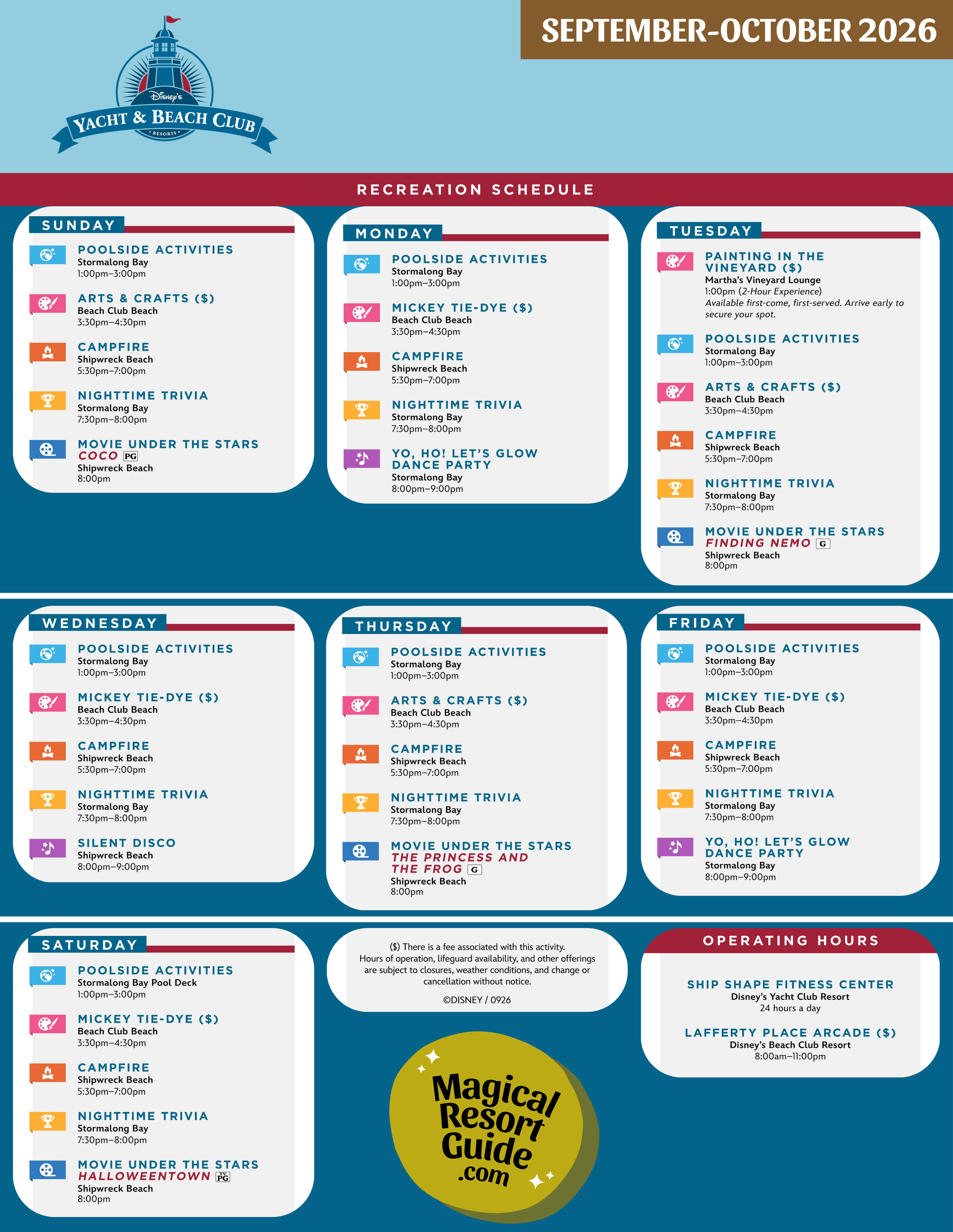 Disney's Yacht & Beach Club Resort Activity Calendar Recreation Activities September October 2026