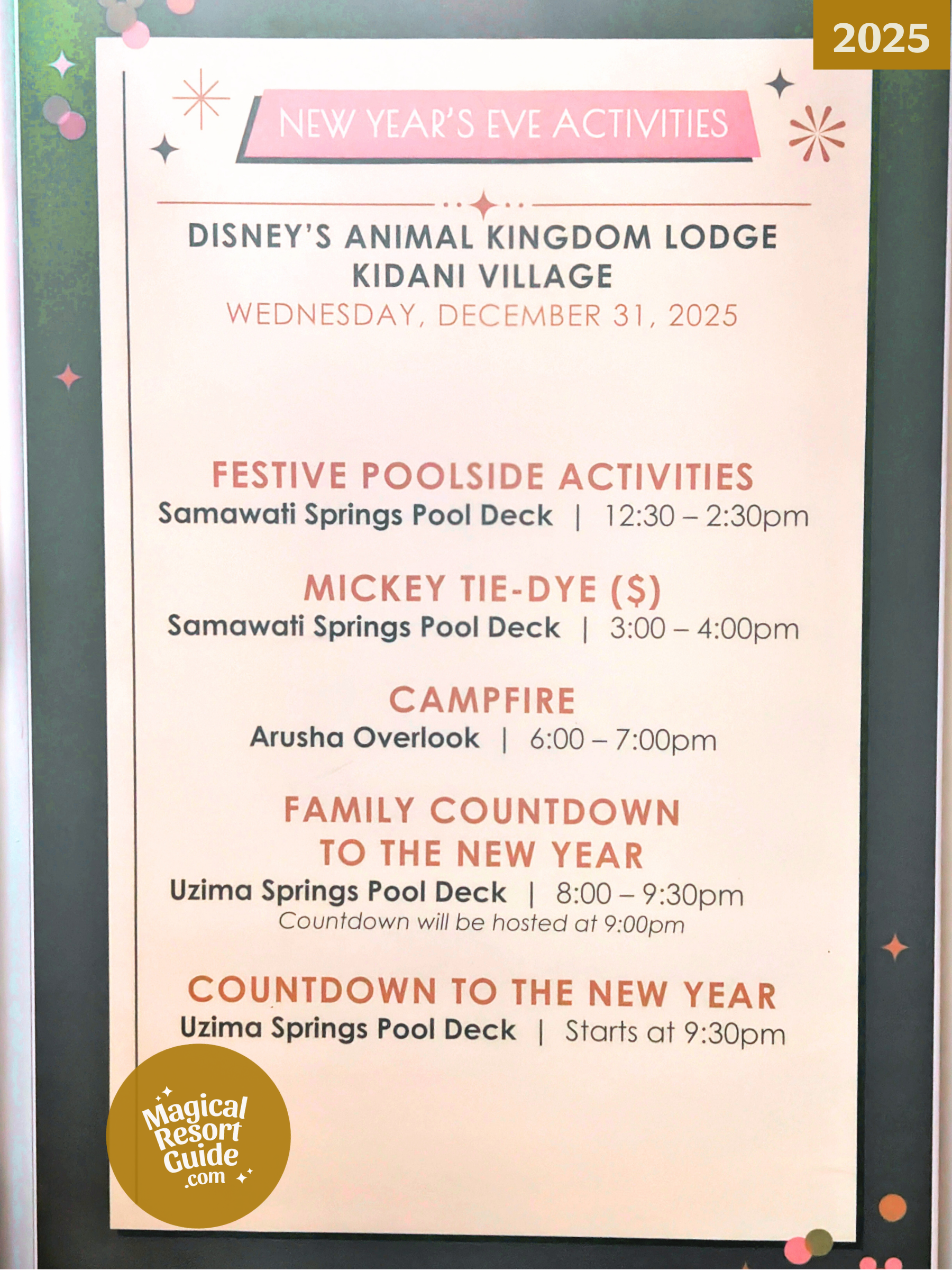 Disney's Animal Kingdom Lodge Resort Kidani Village New Year's Eve NYE Holiday Activities Activity Calendar 2025