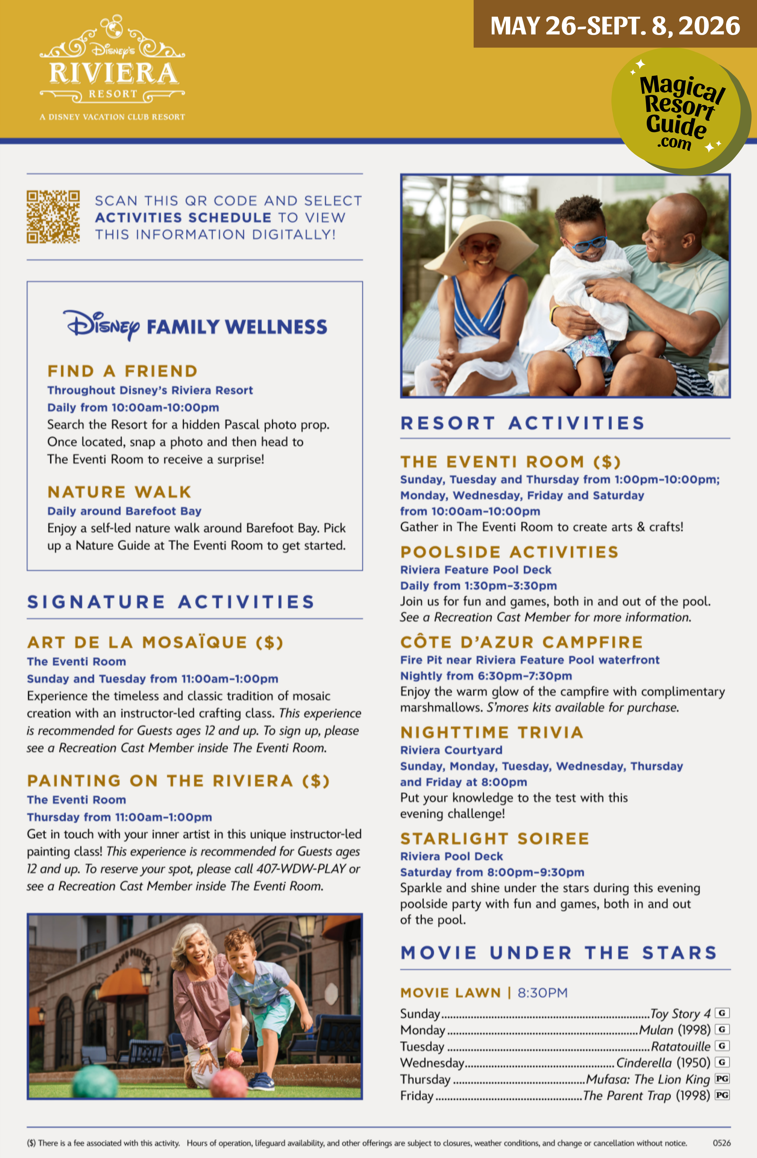 Disney's Riviera Resort Activity Calendar Recreation Schedule Activities May June July August September 2026