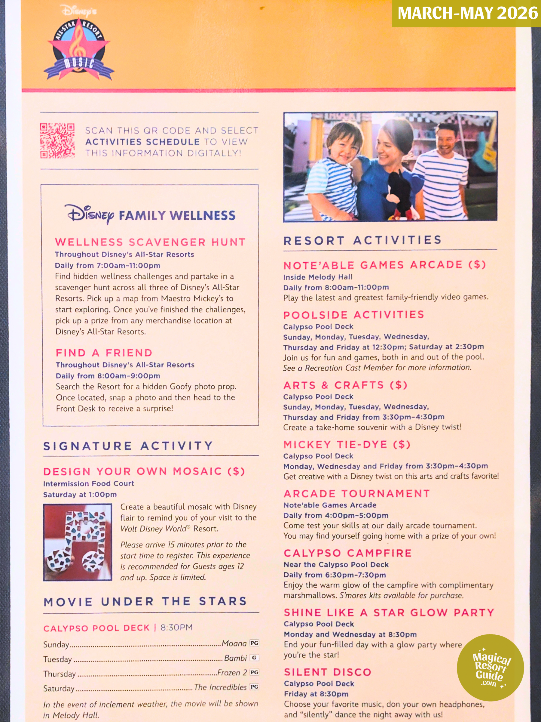 Disney's All-Star Music Resort Activity Calendar Recreation Activities March April May 2026