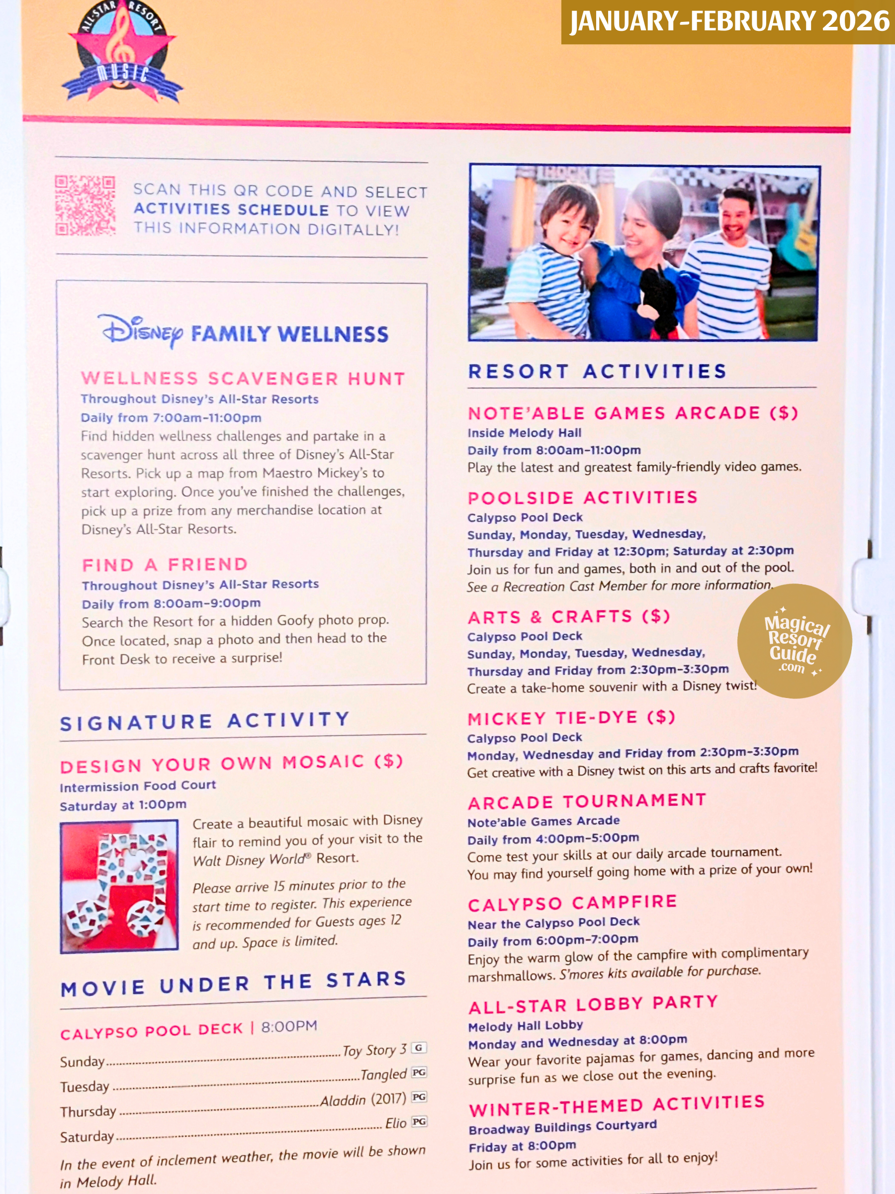 Disney's All-Star Music Resort Activity Calendar Recreation Activities January February 2026