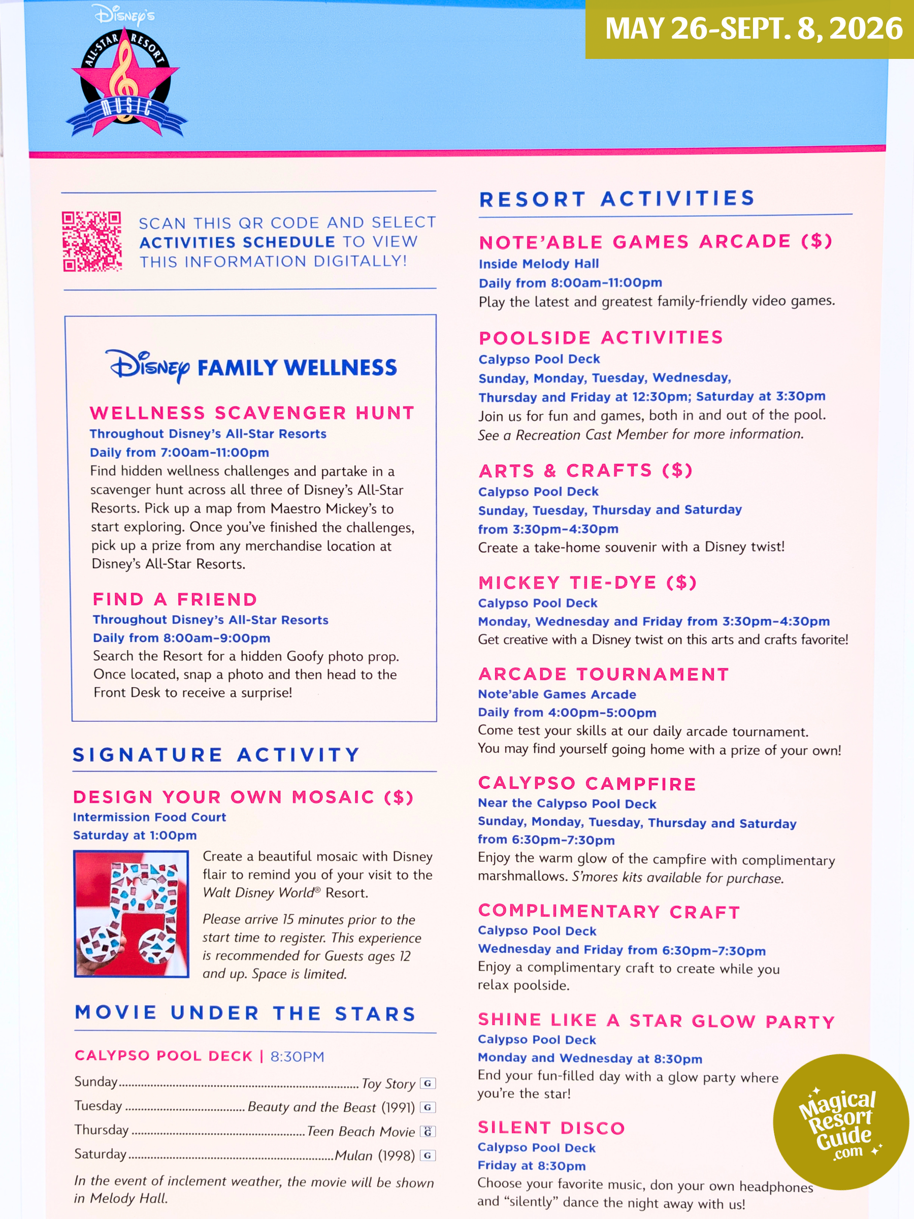 Disney's All-Star Music Resort Activity Calendar Recreation Activities May June July August September 2026