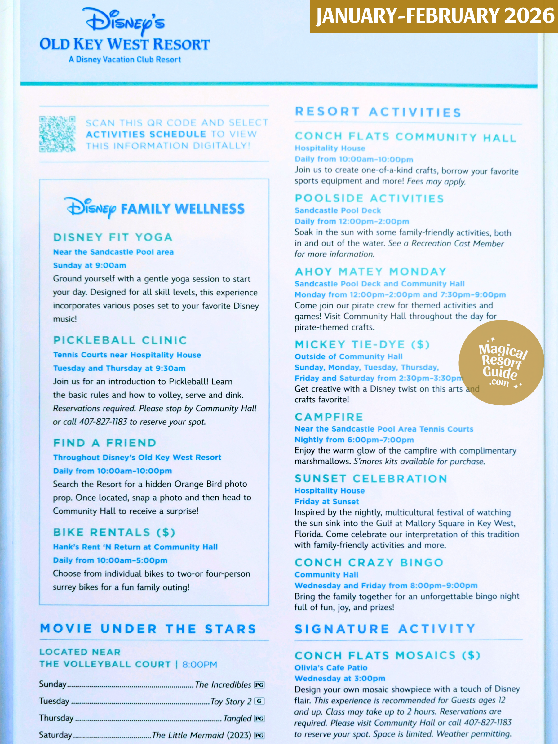Disney's Old Key West Resort Activity Calendar Recreation Activities January February 2026