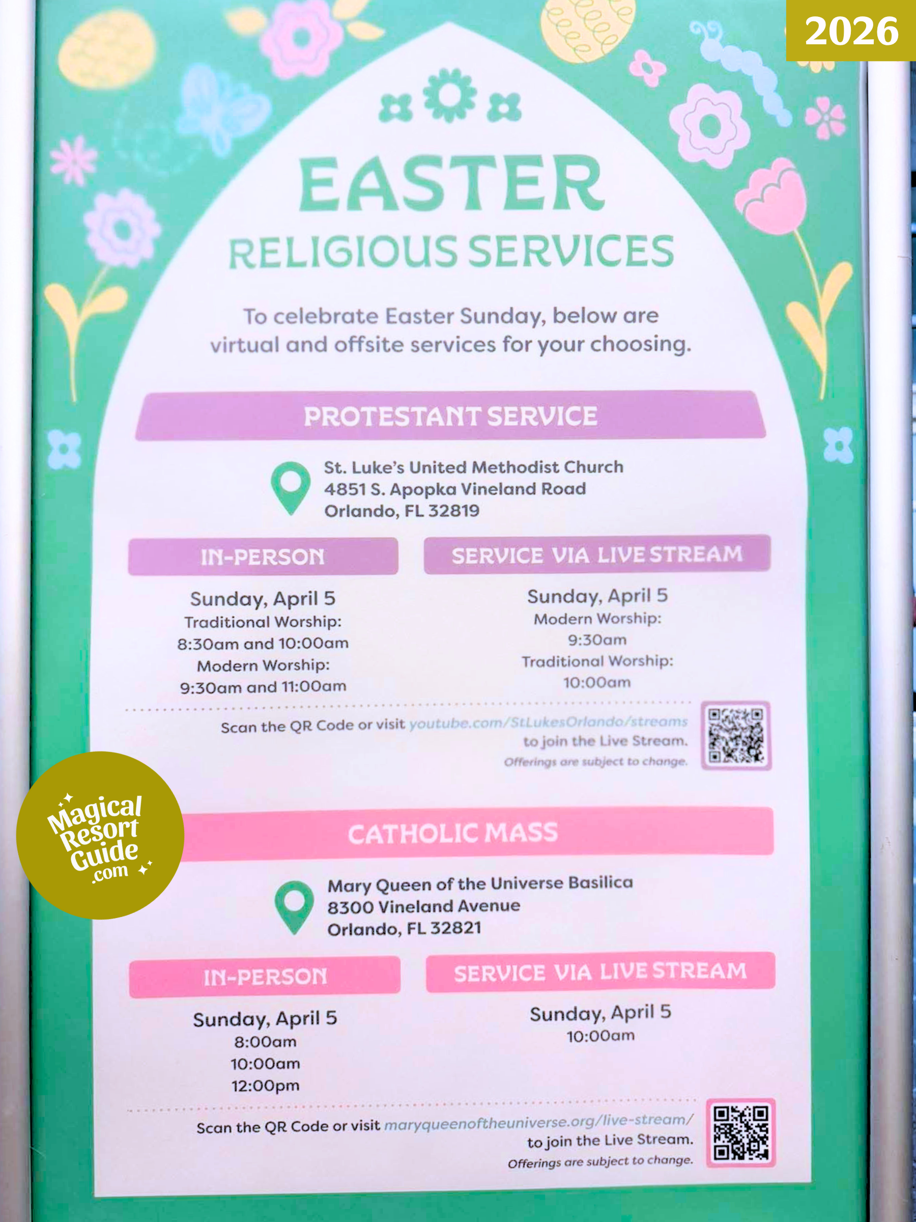 Walt Disney World Church Religious Catholic Mass Protestant Service Worship Easter 2026