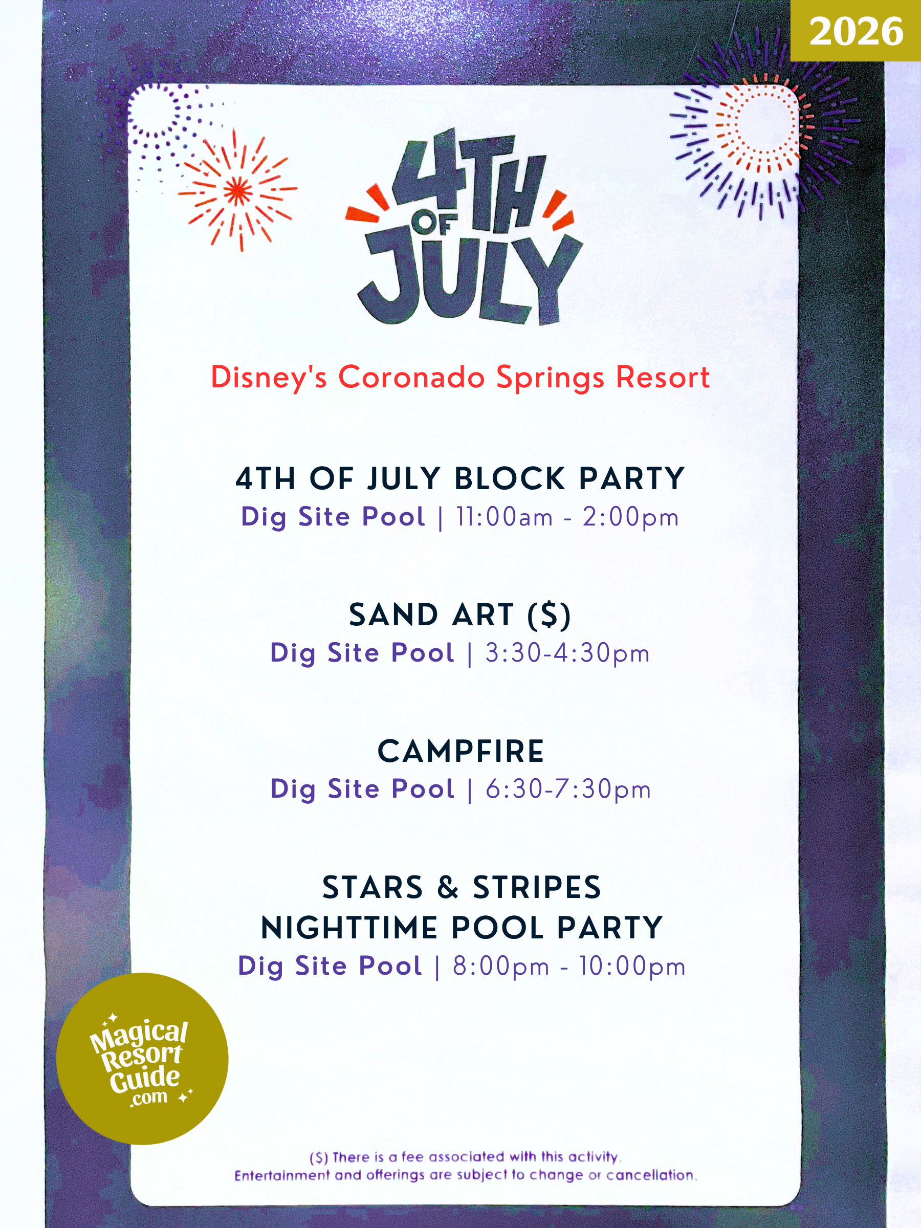 Disney's Coronado Springs Resort Activity Calendar Holiday Activities July 4th 2026