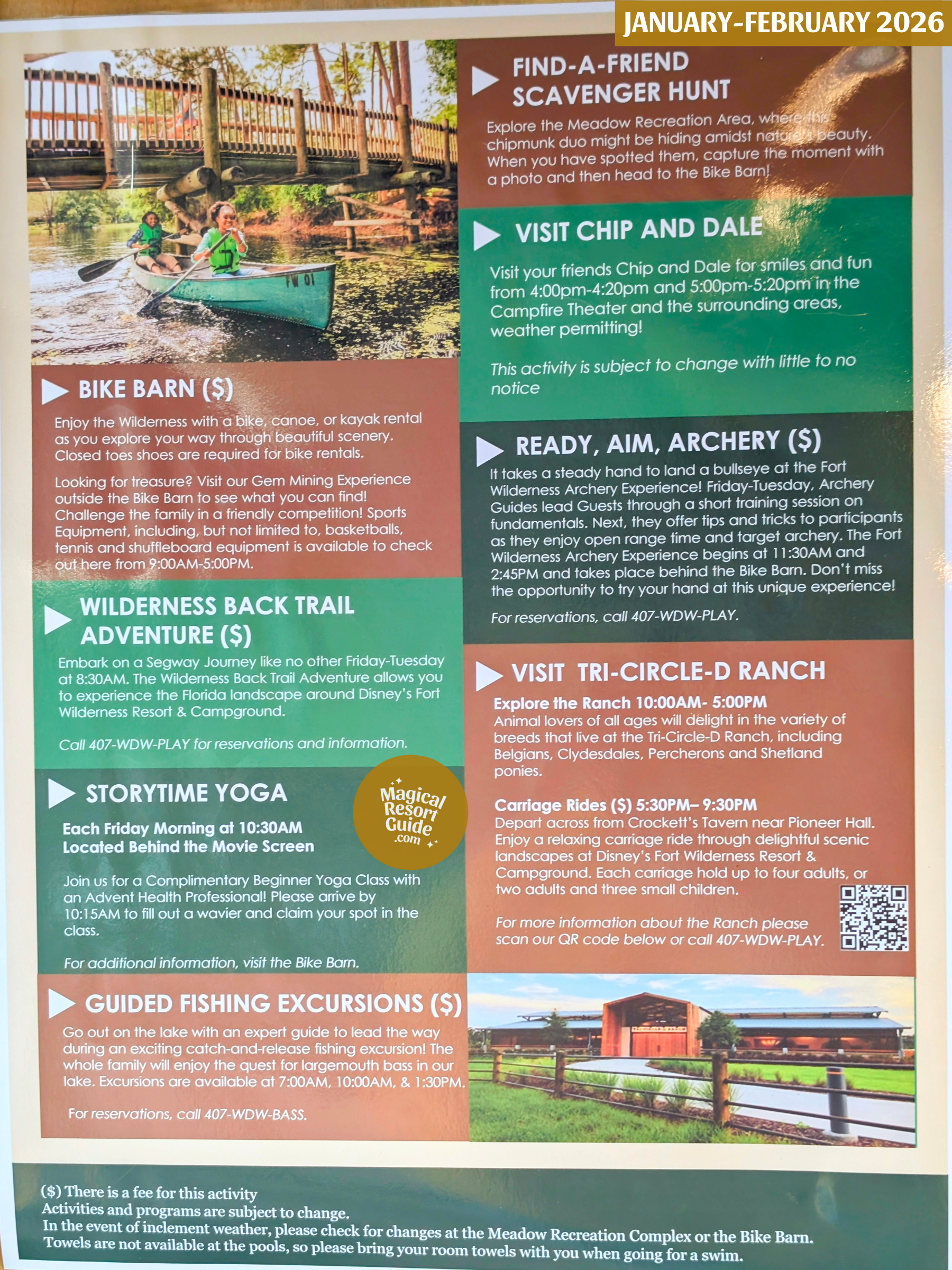 Disney's Fort Wilderness Resort Campground Activity Calendar Activities Schedule Recreation Movie January February 2026