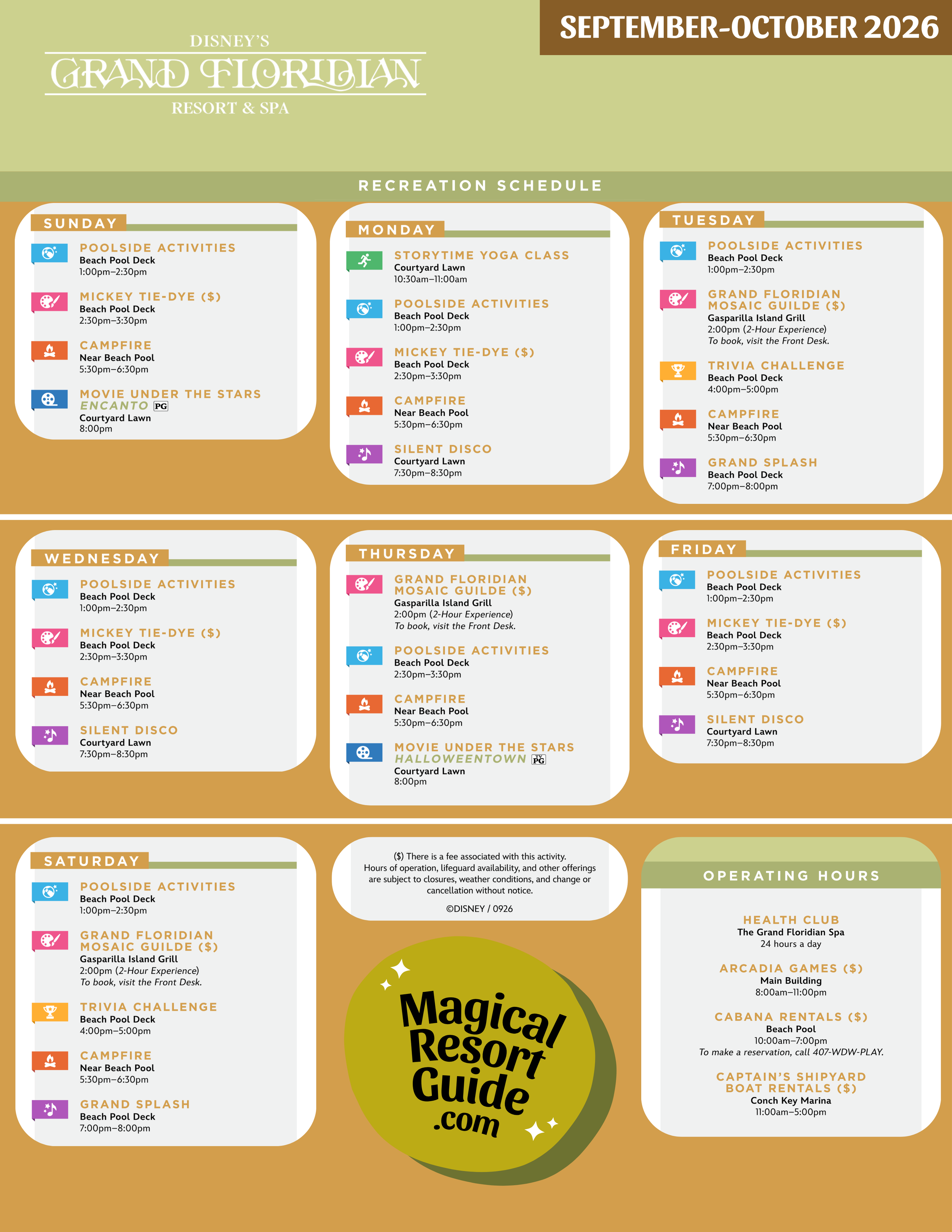 Disney's Grand Floridian Resort Activity Calendar Recreation Activities September October 2026
