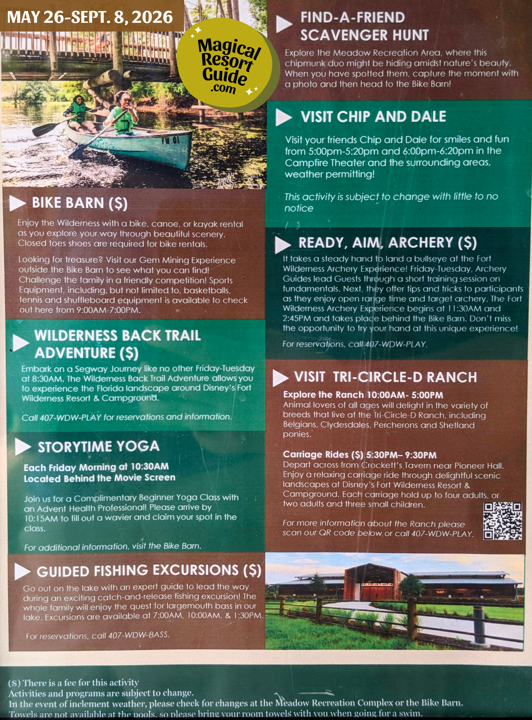 Disney's Fort Wilderness Resort Campground Activity Calendar Activities Schedule Recreation Movie May June July August September 2026