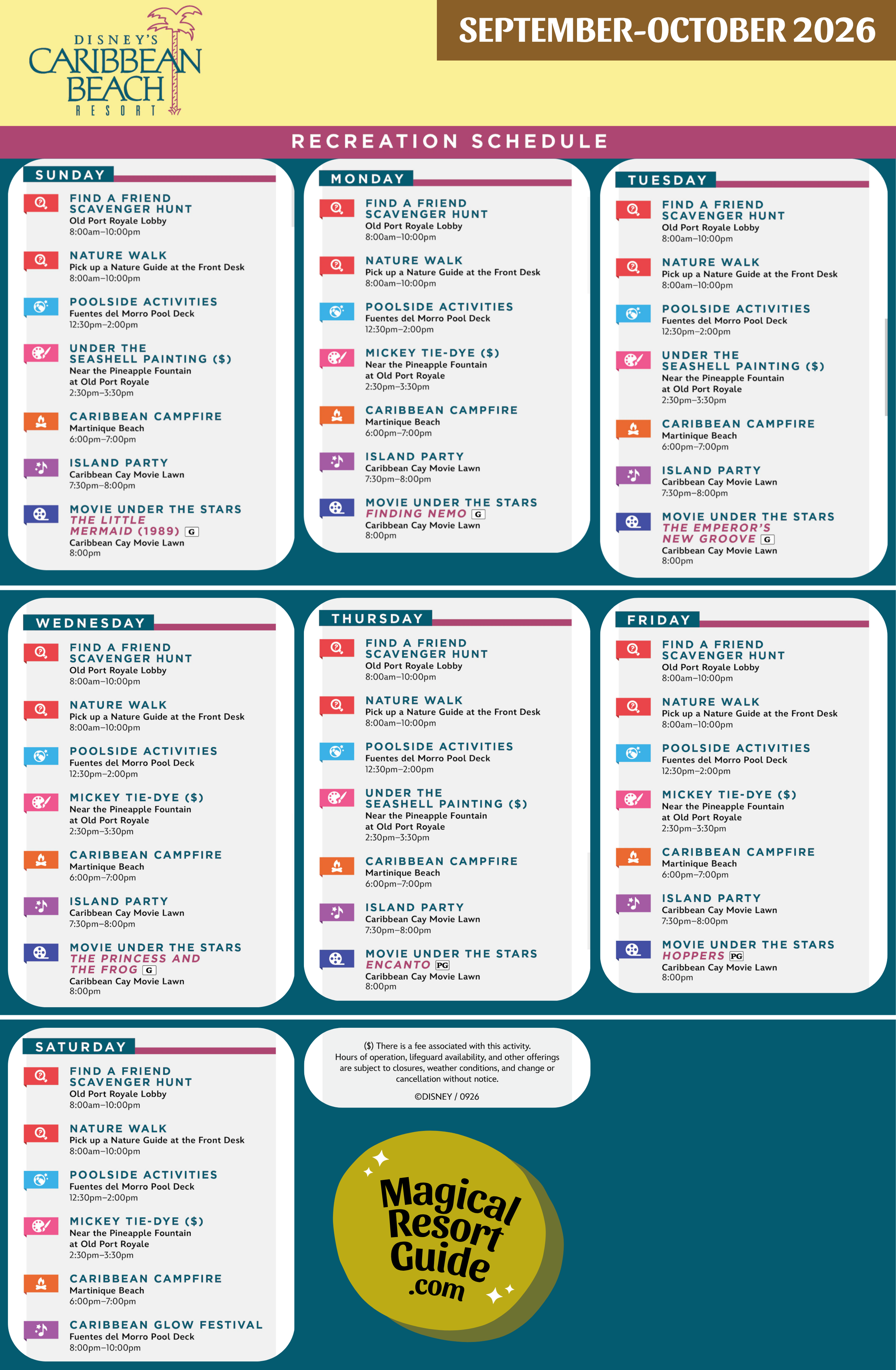 Disney's Caribbean Beach Resort Activity Calendar Recreation Activities Cool Kids Summer September October 2026