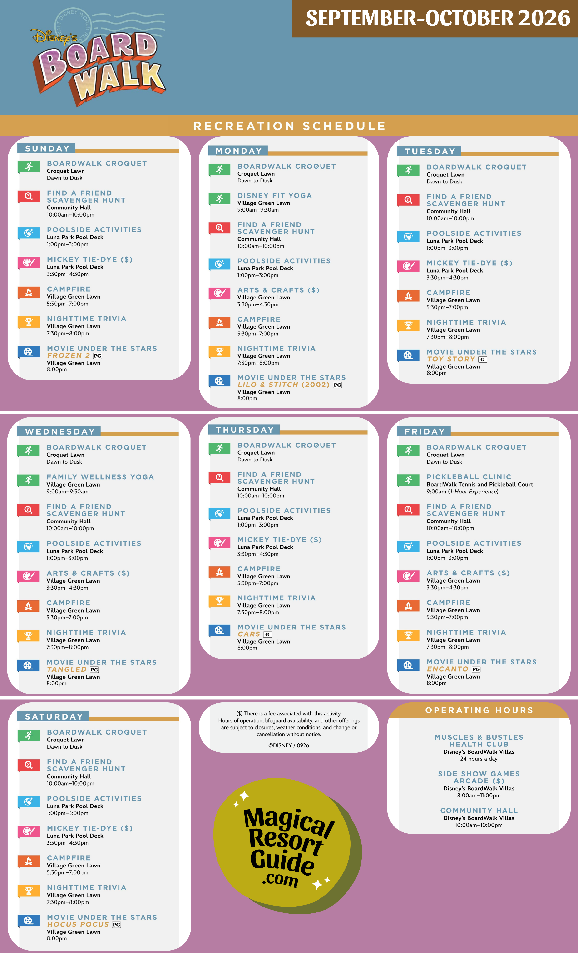 Disney's Boardwalk Inn Resort Activity Calendar Recreation Activities September October 2026