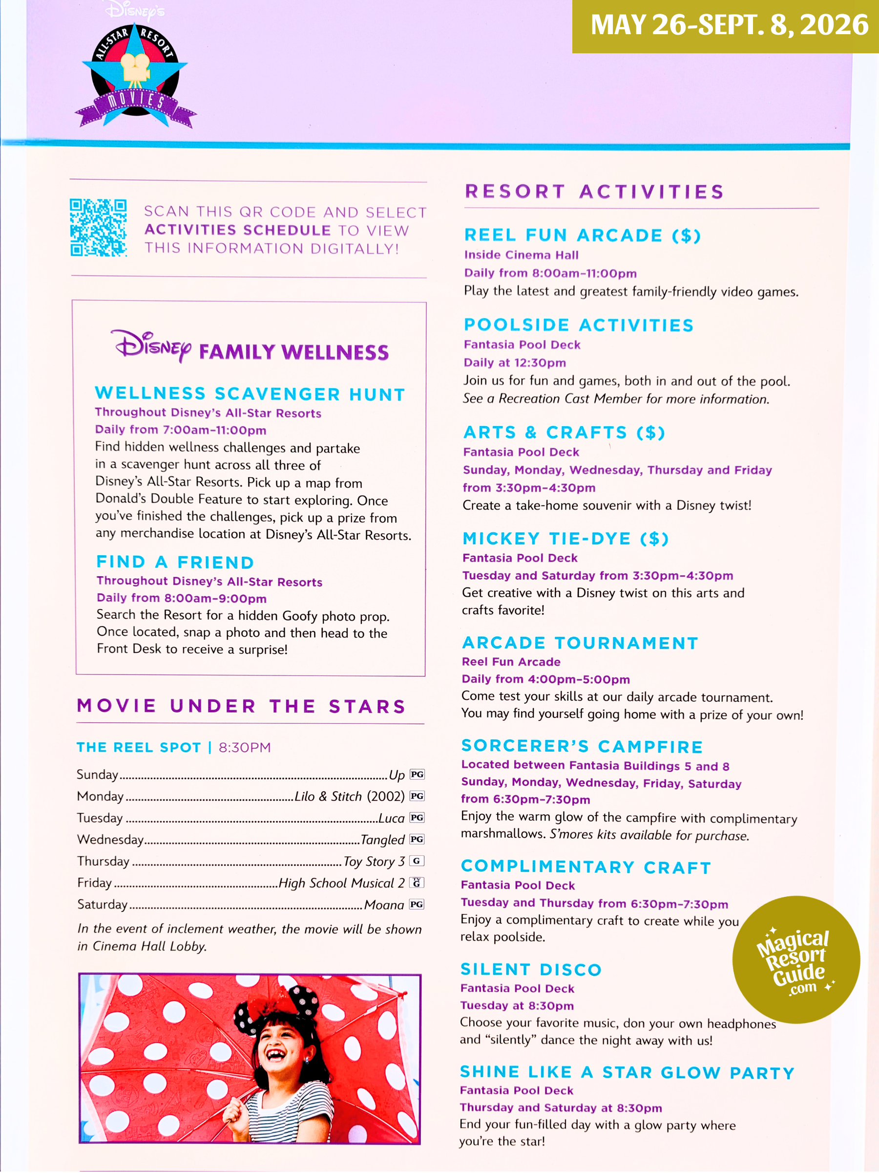 Disney's All-Star Movies Resort Activity Calendar Recreation Activities May June July August September 2026