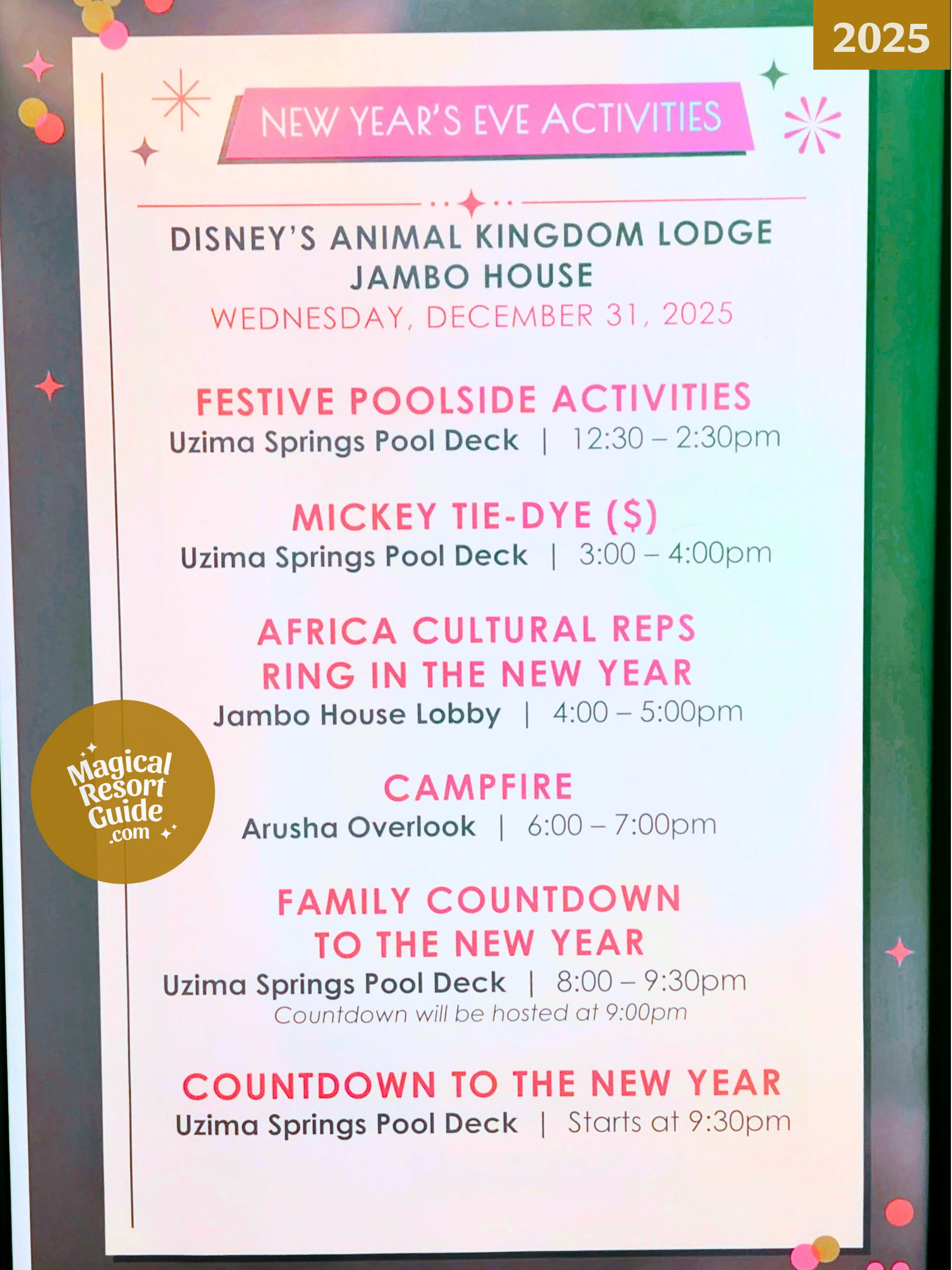 Disney's Animal Kingdom Lodge Resort Jambo House New Year's Eve NYE Holiday Activities Activity Calendar 2025