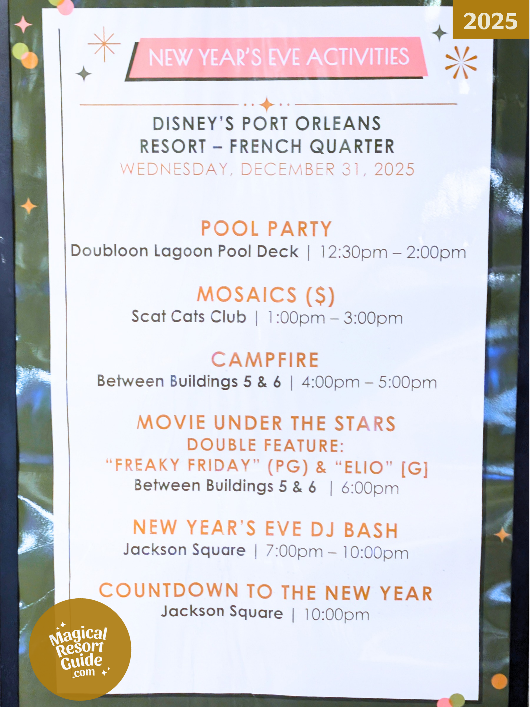 Disney's Port Orleans - French Quarter Resort Holiday Activities Activity Calendar New Year's Eve NYE 2025