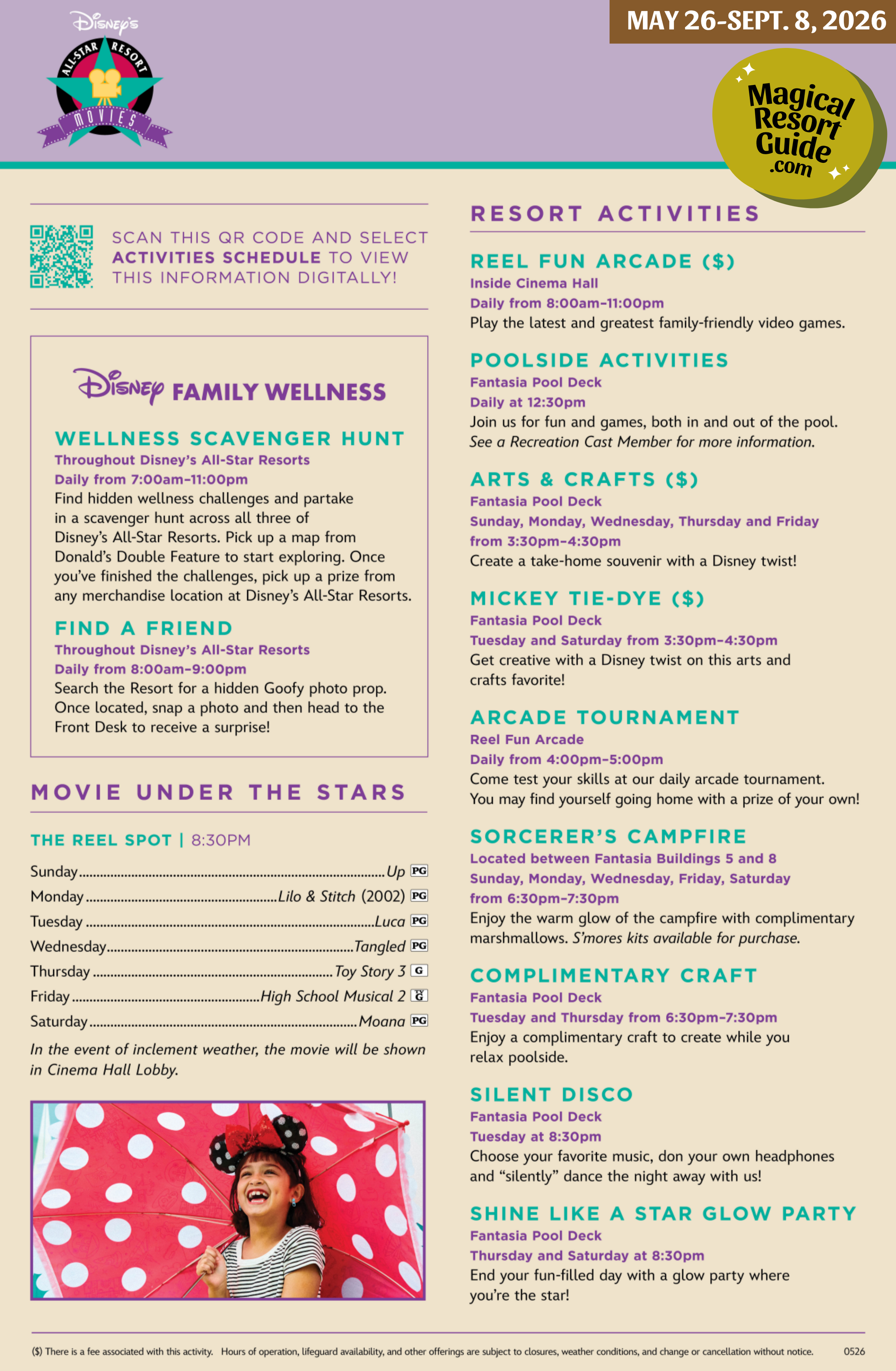 Disney's All-Star Movies Resort Activity Calendar Recreation Activities May June July August September 2026