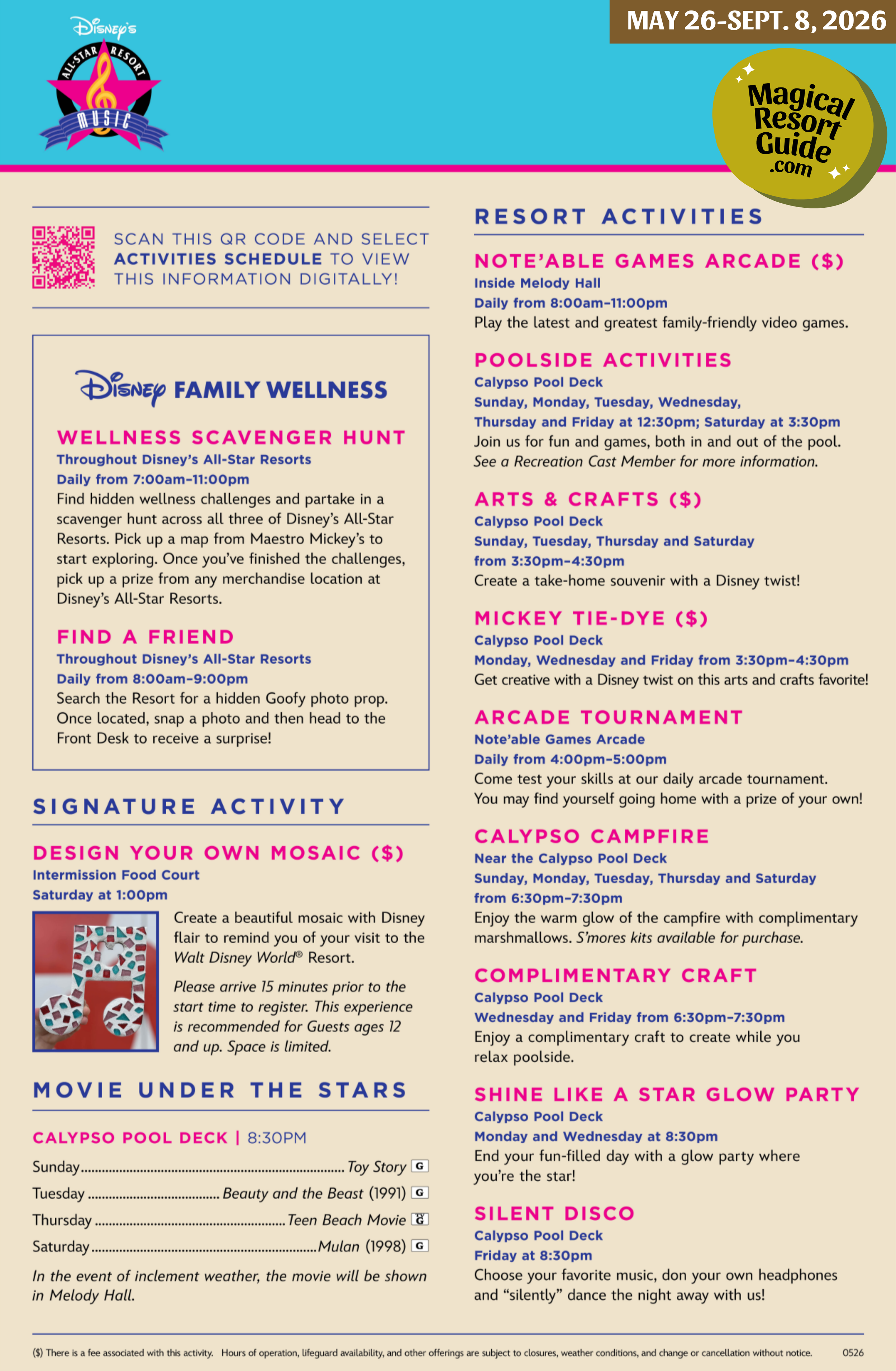Disney's All-Star Music Resort Activity Calendar Recreation Activities May June July August September 2026